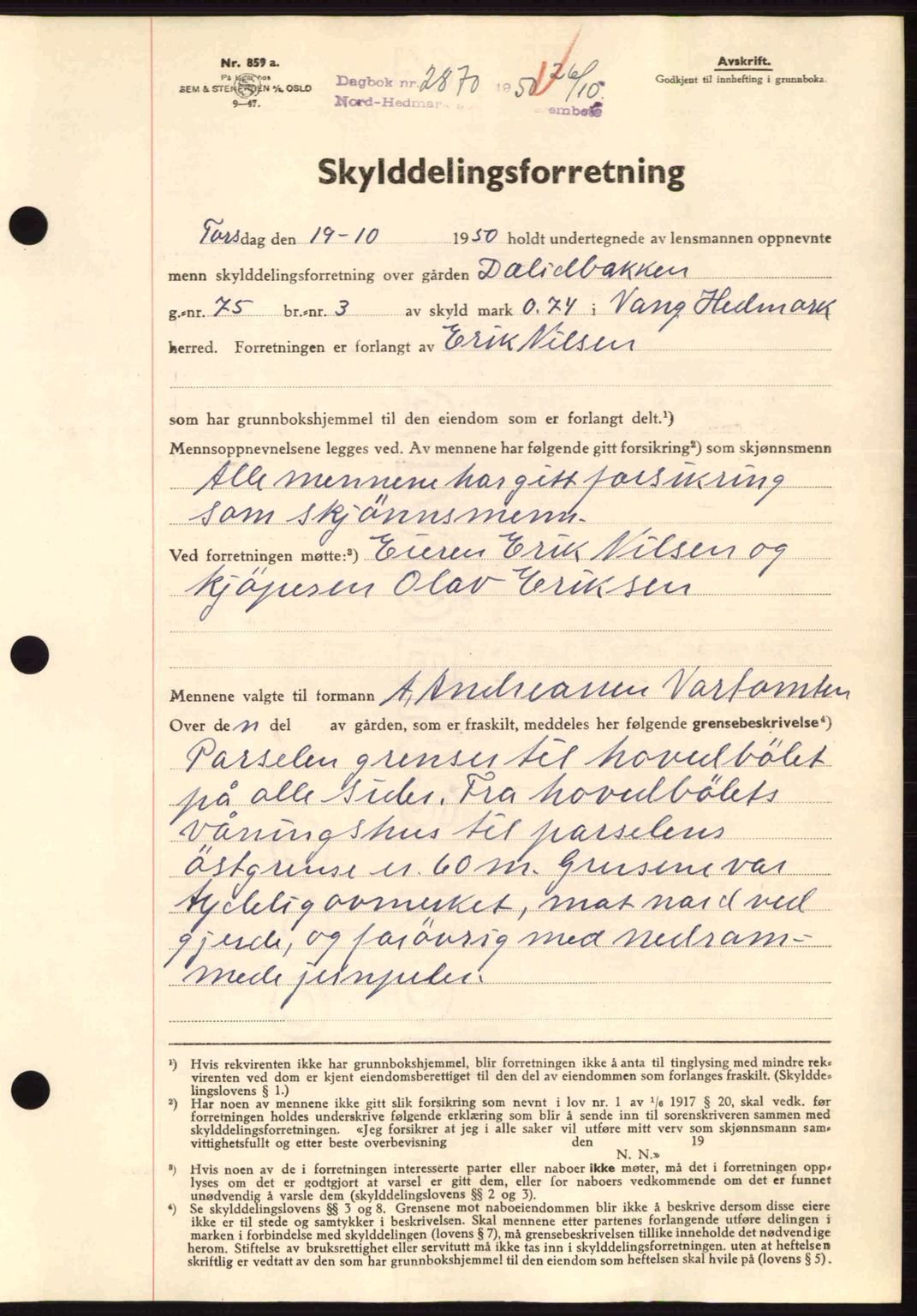 Nord-Hedmark sorenskriveri, SAH/TING-012/H/Hb/Hbe/L0027: Mortgage book no. A27, 1950-1950, Diary no: : 2870/1950
