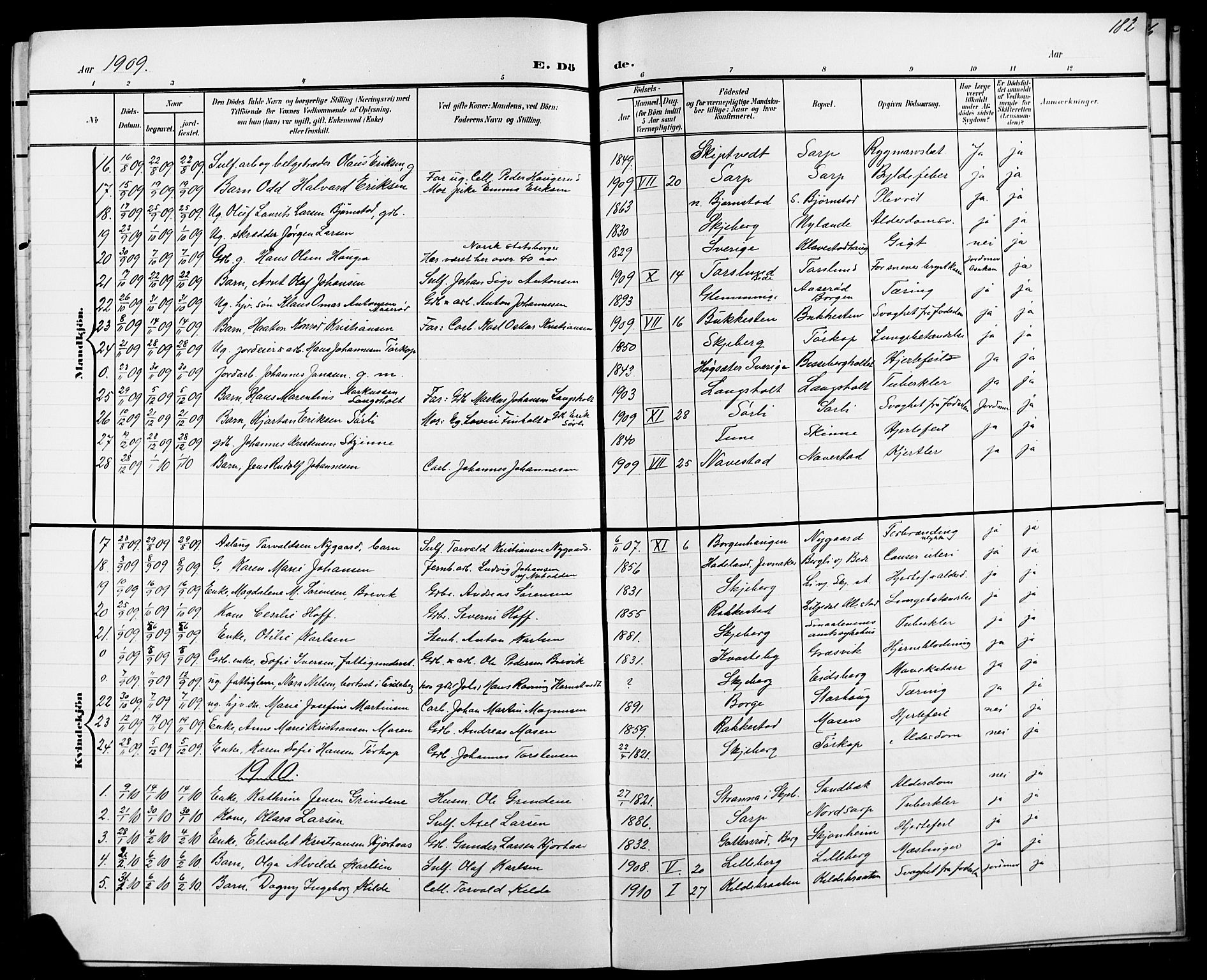 Skjeberg prestekontor Kirkebøker, SAO/A-10923/G/Ga/L0002: Parish register (copy) no. I 2, 1901-1924, p. 182