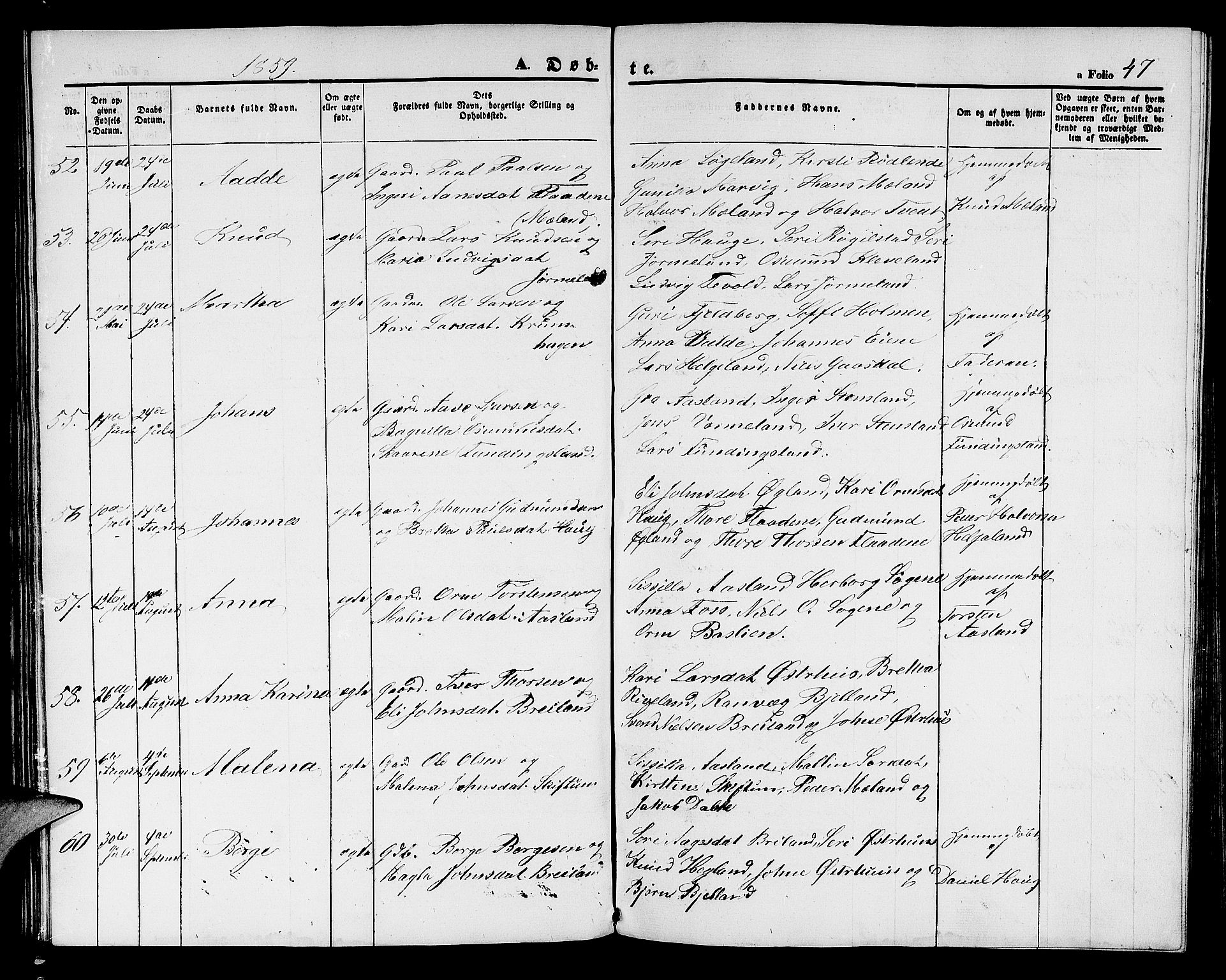 Hjelmeland sokneprestkontor, AV/SAST-A-101843/01/V/L0004: Parish register (copy) no. B 4, 1853-1883, p. 47