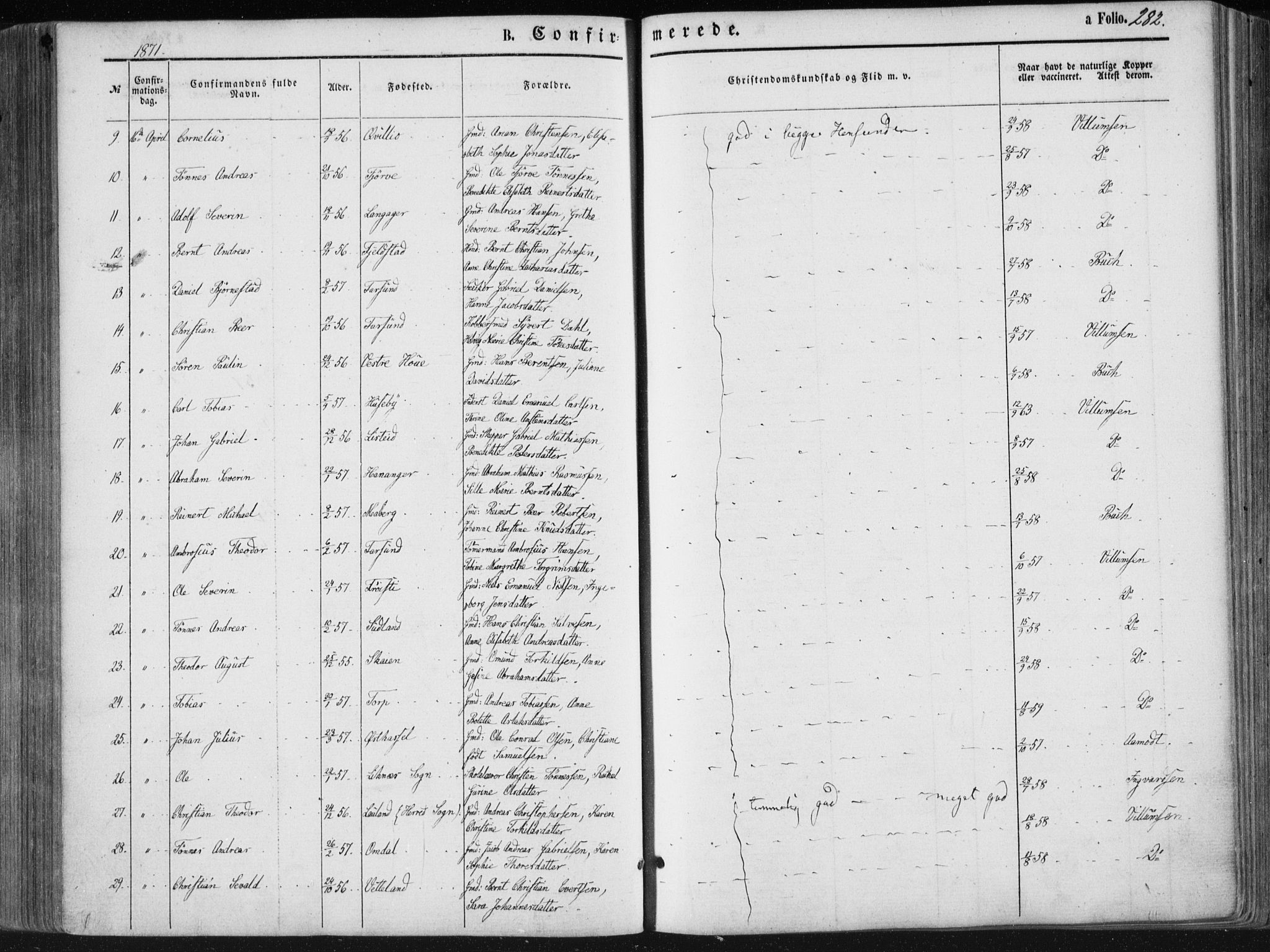 Lista sokneprestkontor, AV/SAK-1111-0027/F/Fa/L0011: Parish register (official) no. A 11, 1861-1878, p. 282