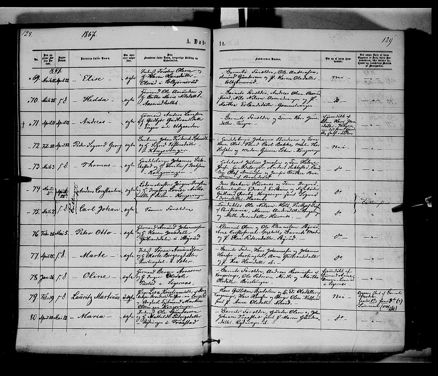 Vinger prestekontor, AV/SAH-PREST-024/H/Ha/Haa/L0011: Parish register (official) no. 11, 1862-1870, p. 129