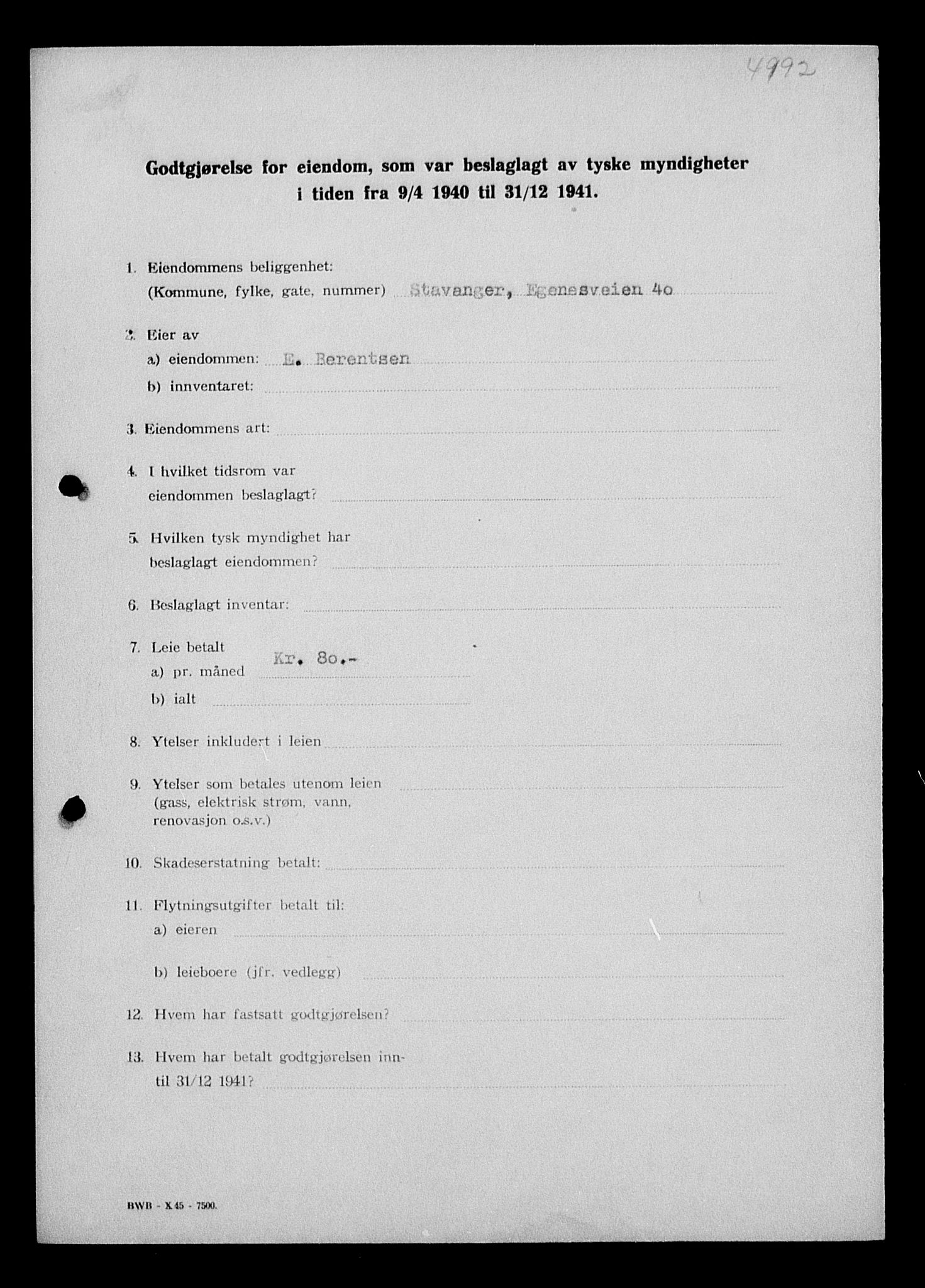 Justisdepartementet, Tilbakeføringskontoret for inndratte formuer, AV/RA-S-1564/I/L1014: Godtgjørelse for beslaglagt eiendom, 1940-1941, p. 10