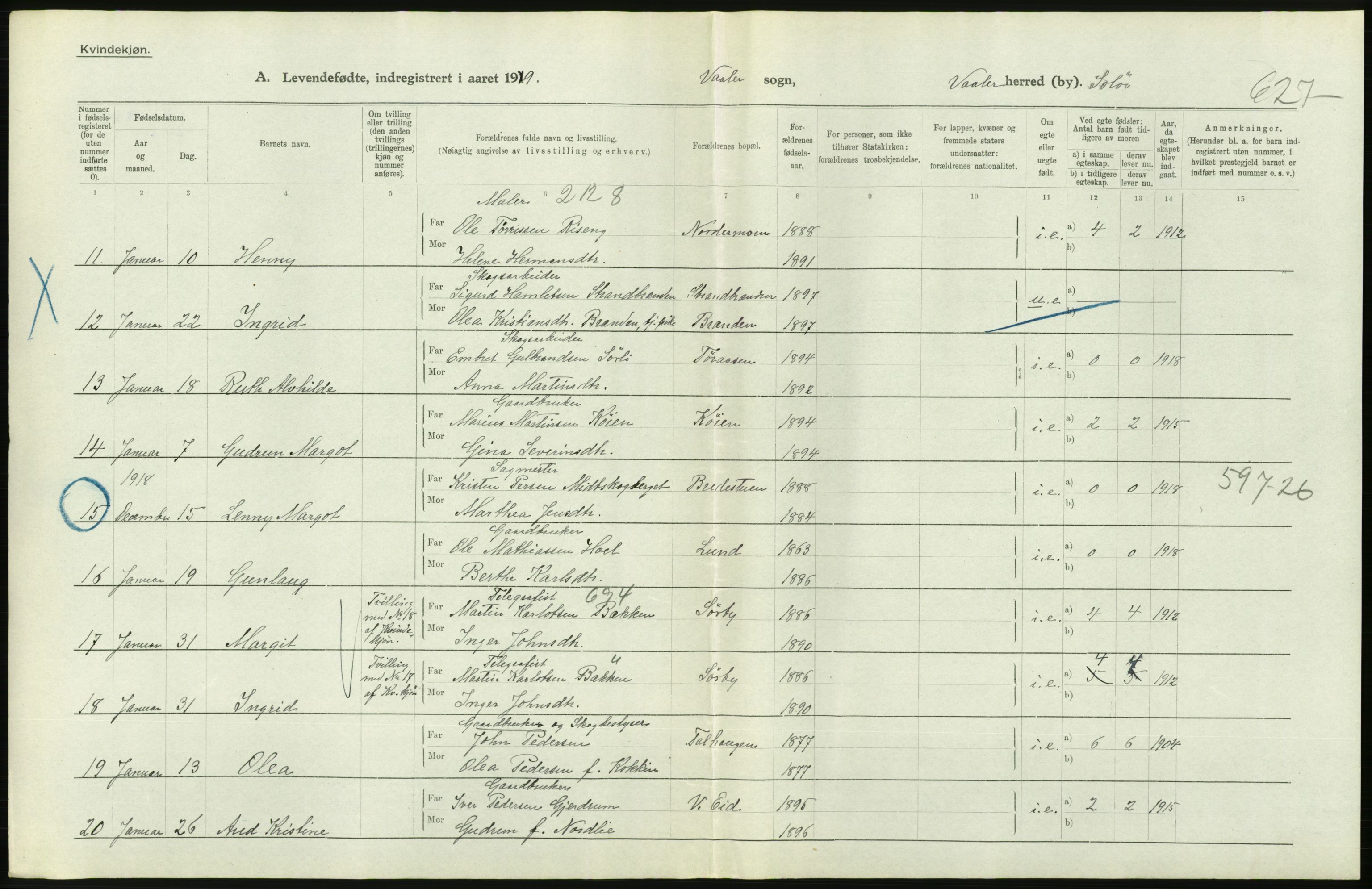 Statistisk sentralbyrå, Sosiodemografiske emner, Befolkning, AV/RA-S-2228/D/Df/Dfb/Dfbi/L0012: Hedmark fylke: Levendefødte menn og kvinner. Bygder og byer., 1919, p. 654