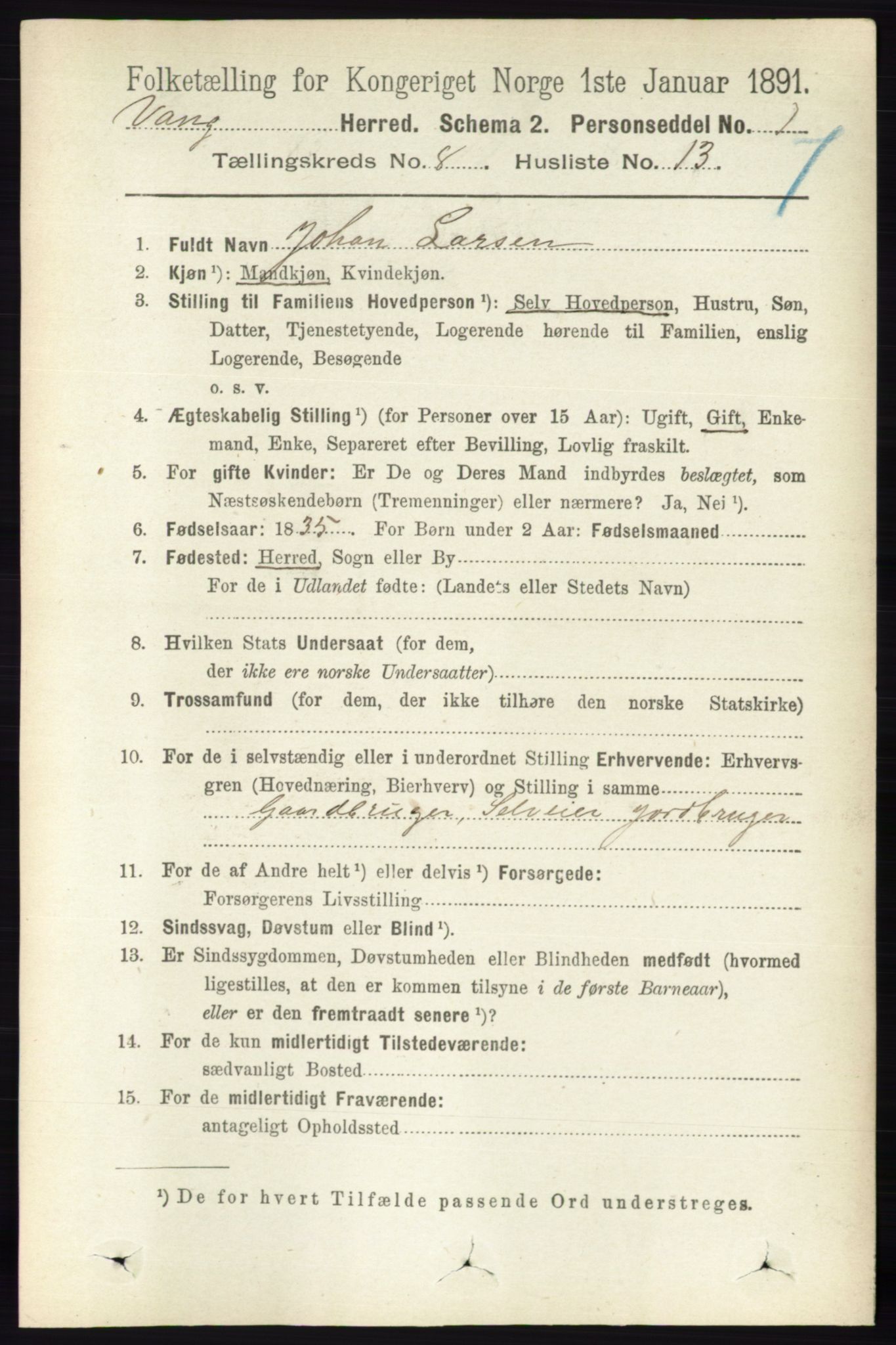 RA, 1891 census for 0414 Vang, 1891, p. 5673