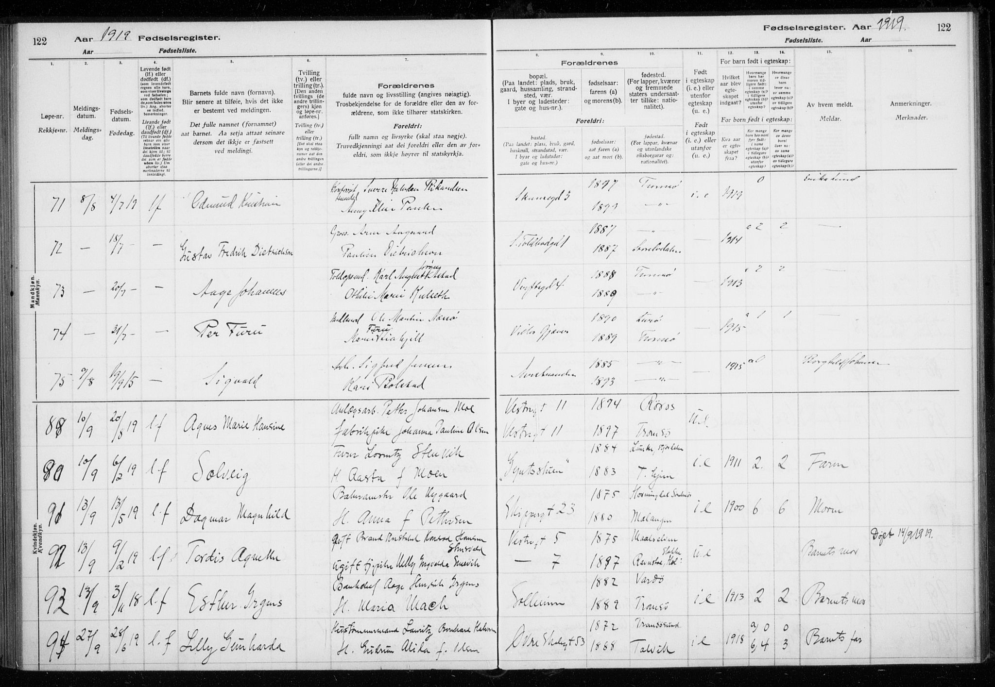 Tromsø sokneprestkontor/stiftsprosti/domprosti, SATØ/S-1343/H/Ha/L0131: Birth register no. 131, 1916-1921, p. 122