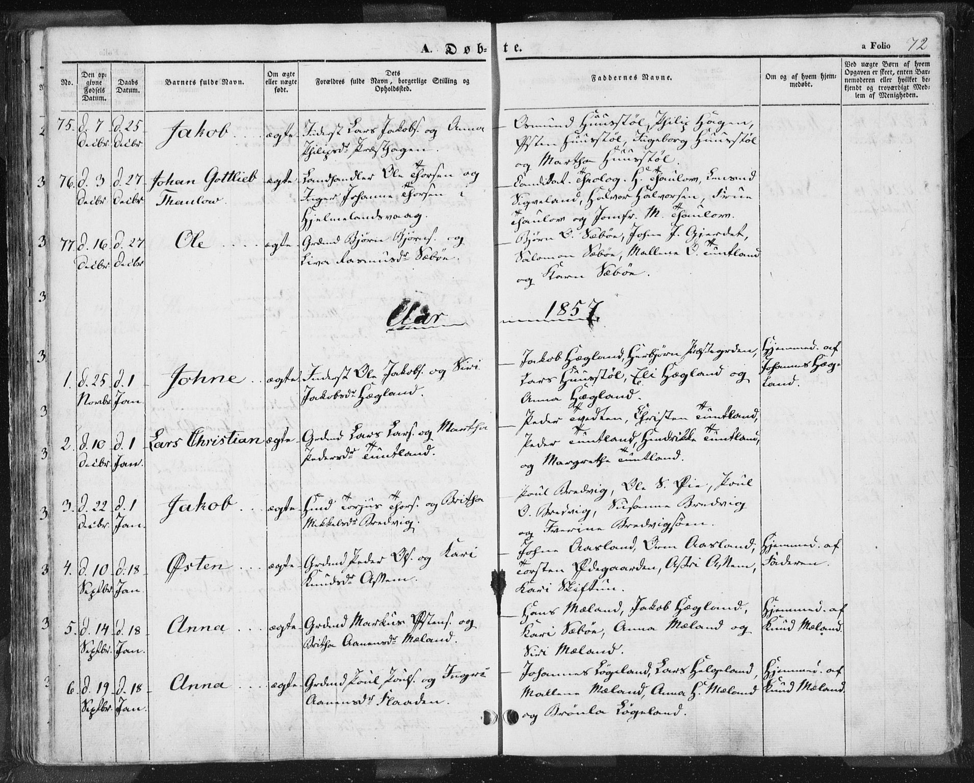 Hjelmeland sokneprestkontor, AV/SAST-A-101843/01/IV/L0009: Parish register (official) no. A 9, 1846-1860, p. 72