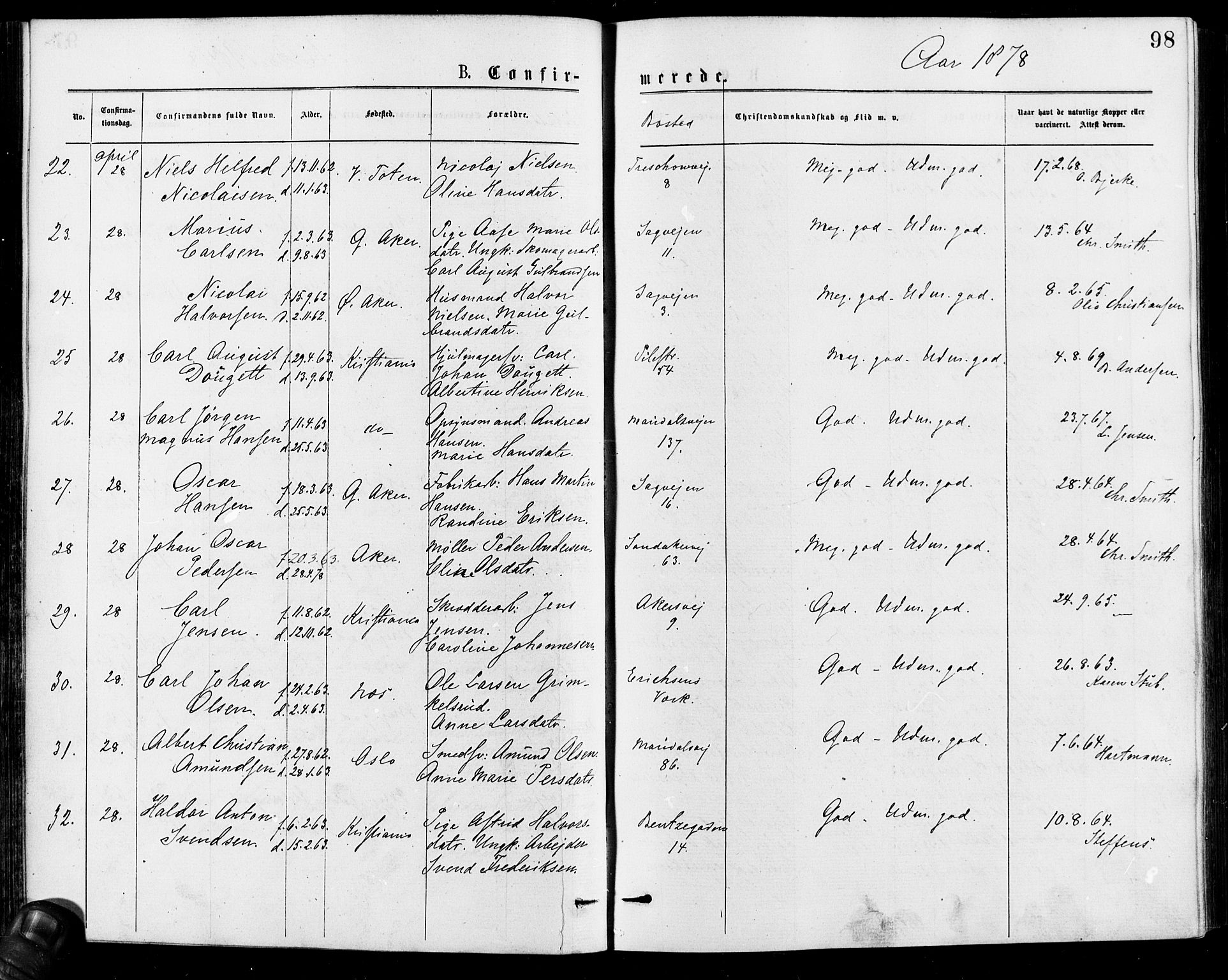 Gamle Aker prestekontor Kirkebøker, AV/SAO-A-10617a/F/L0005: Parish register (official) no. 5, 1873-1881, p. 98