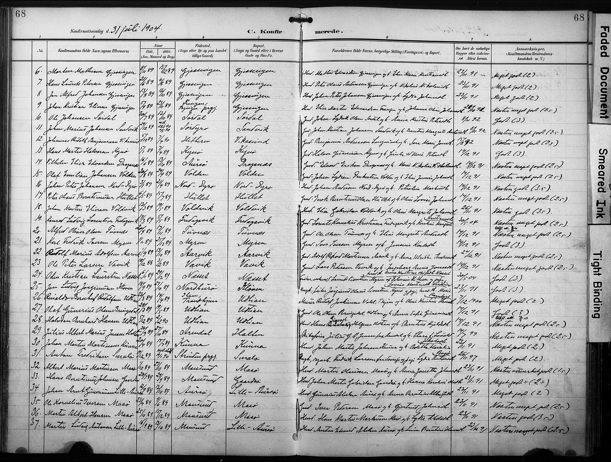 Ministerialprotokoller, klokkerbøker og fødselsregistre - Sør-Trøndelag, SAT/A-1456/640/L0580: Parish register (official) no. 640A05, 1902-1910, p. 68