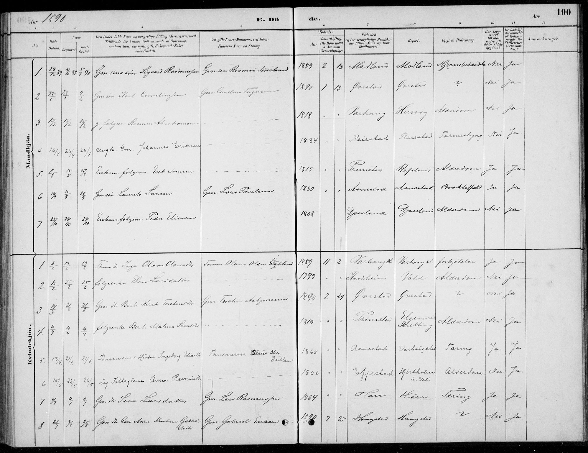 Hå sokneprestkontor, AV/SAST-A-101801/001/30BB/L0004: Parish register (copy) no. B 4, 1883-1899, p. 190