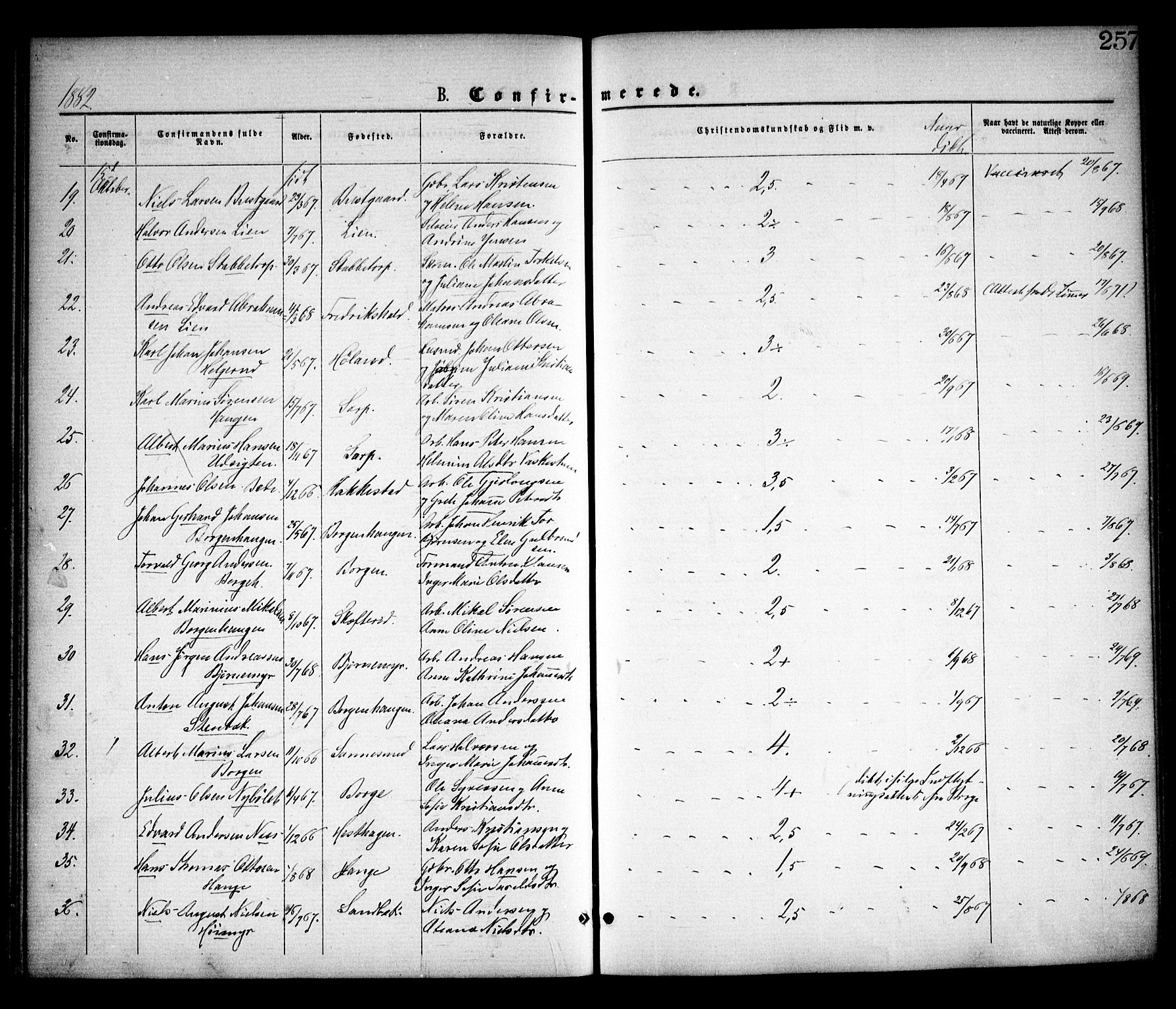 Skjeberg prestekontor Kirkebøker, AV/SAO-A-10923/F/Fa/L0008: Parish register (official) no. I 8, 1869-1885, p. 257