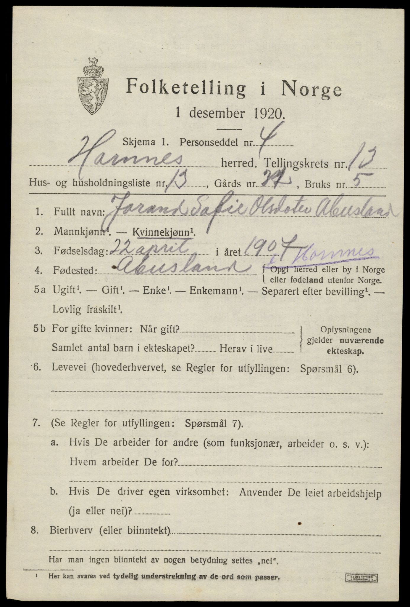 SAK, 1920 census for Hornnes, 1920, p. 3233