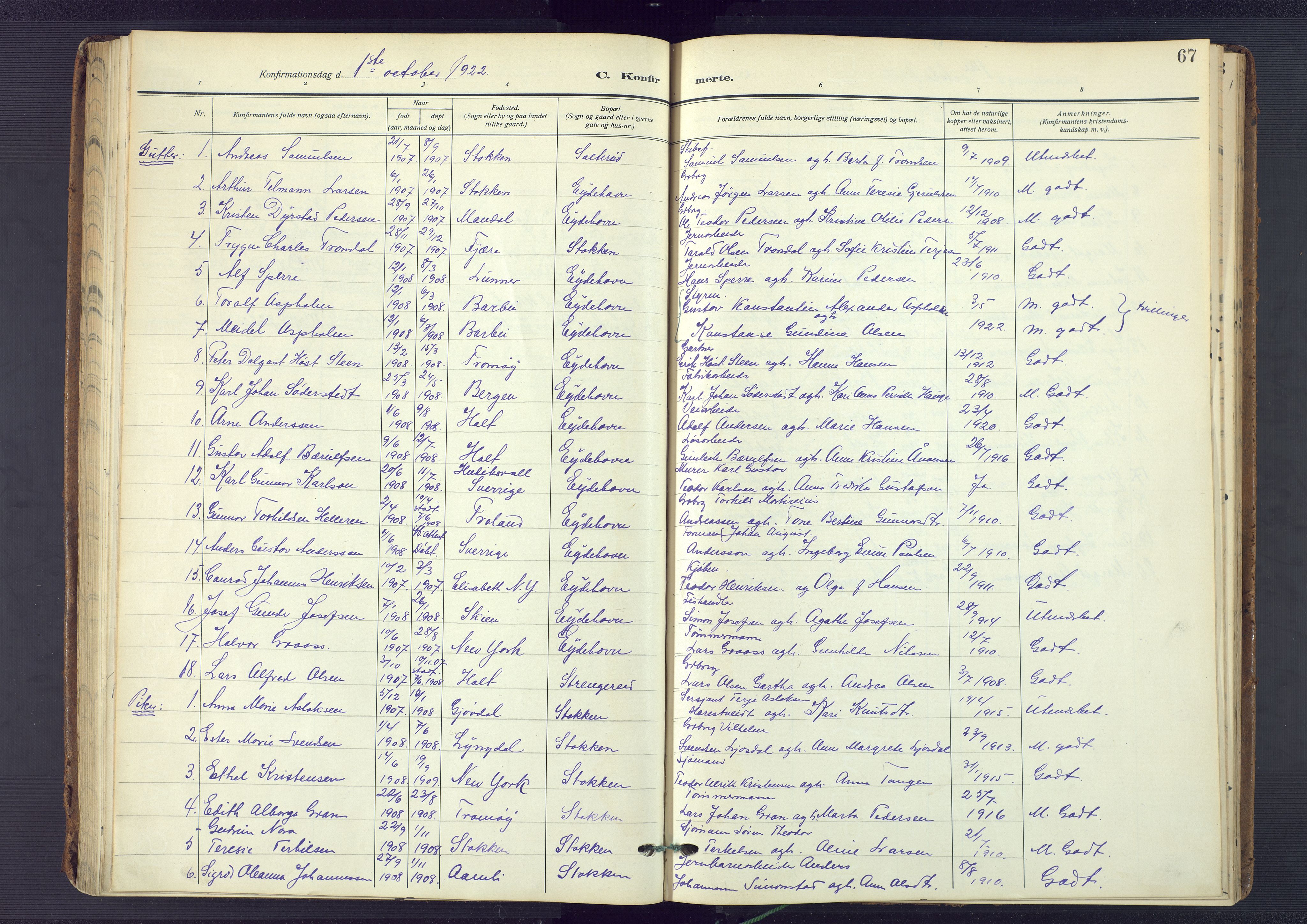 Austre Moland sokneprestkontor, SAK/1111-0001/F/Fa/Fab/L0003: Parish register (official) no. A 3, 1914-1927, p. 67