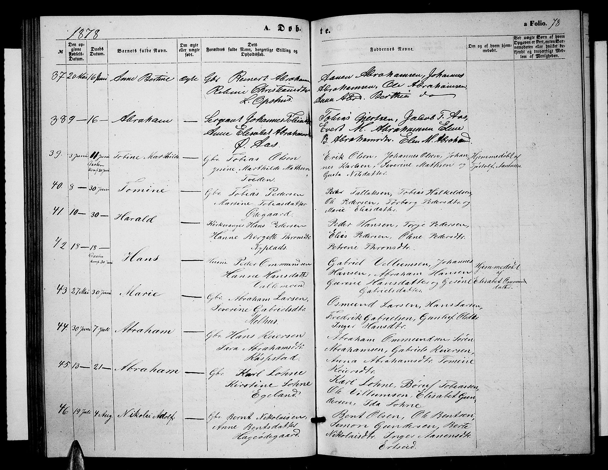 Sør-Audnedal sokneprestkontor, SAK/1111-0039/F/Fb/Fbb/L0004: Parish register (copy) no. B 4, 1868-1879, p. 78