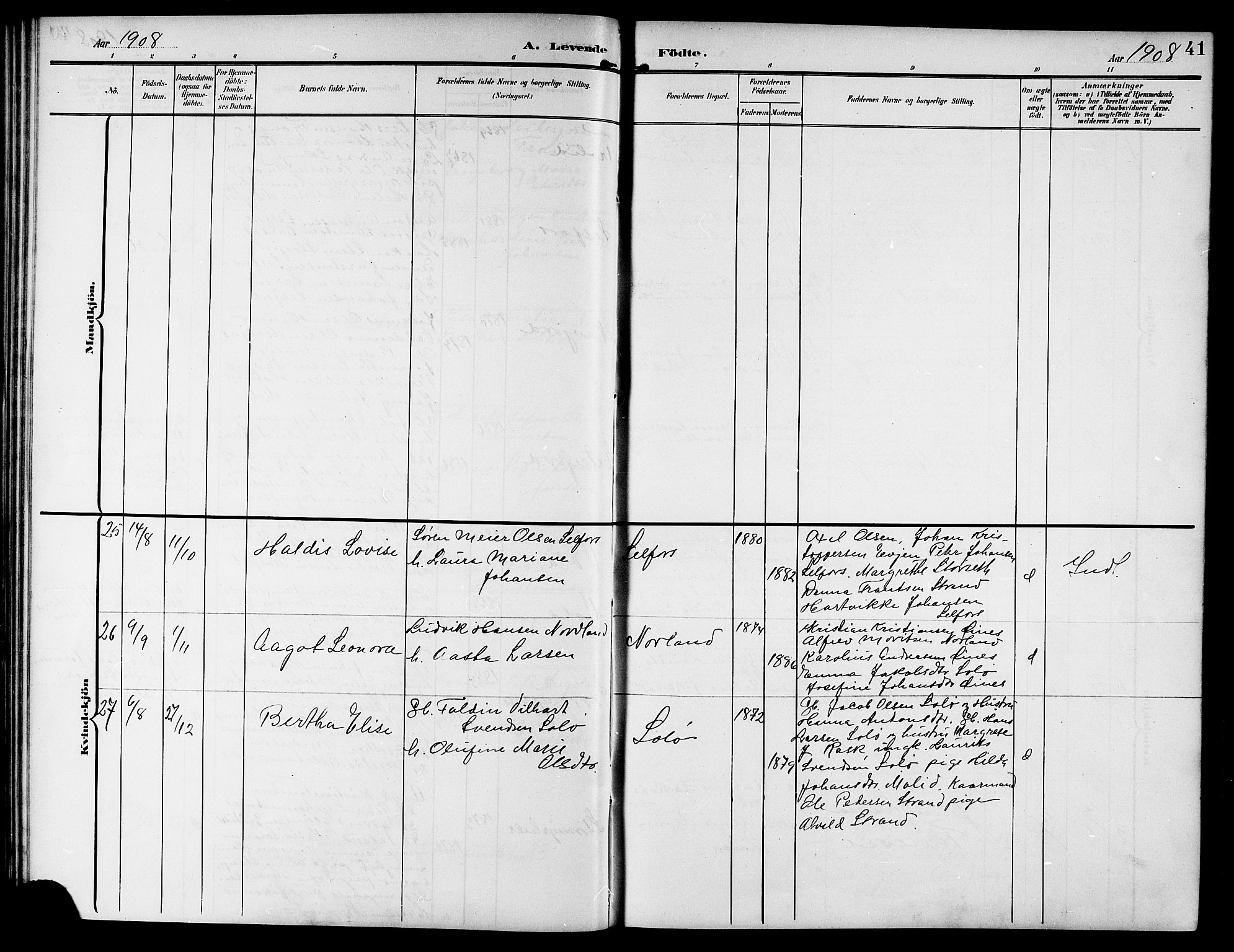 Ministerialprotokoller, klokkerbøker og fødselsregistre - Nordland, AV/SAT-A-1459/846/L0655: Parish register (copy) no. 846C05, 1902-1916, p. 41