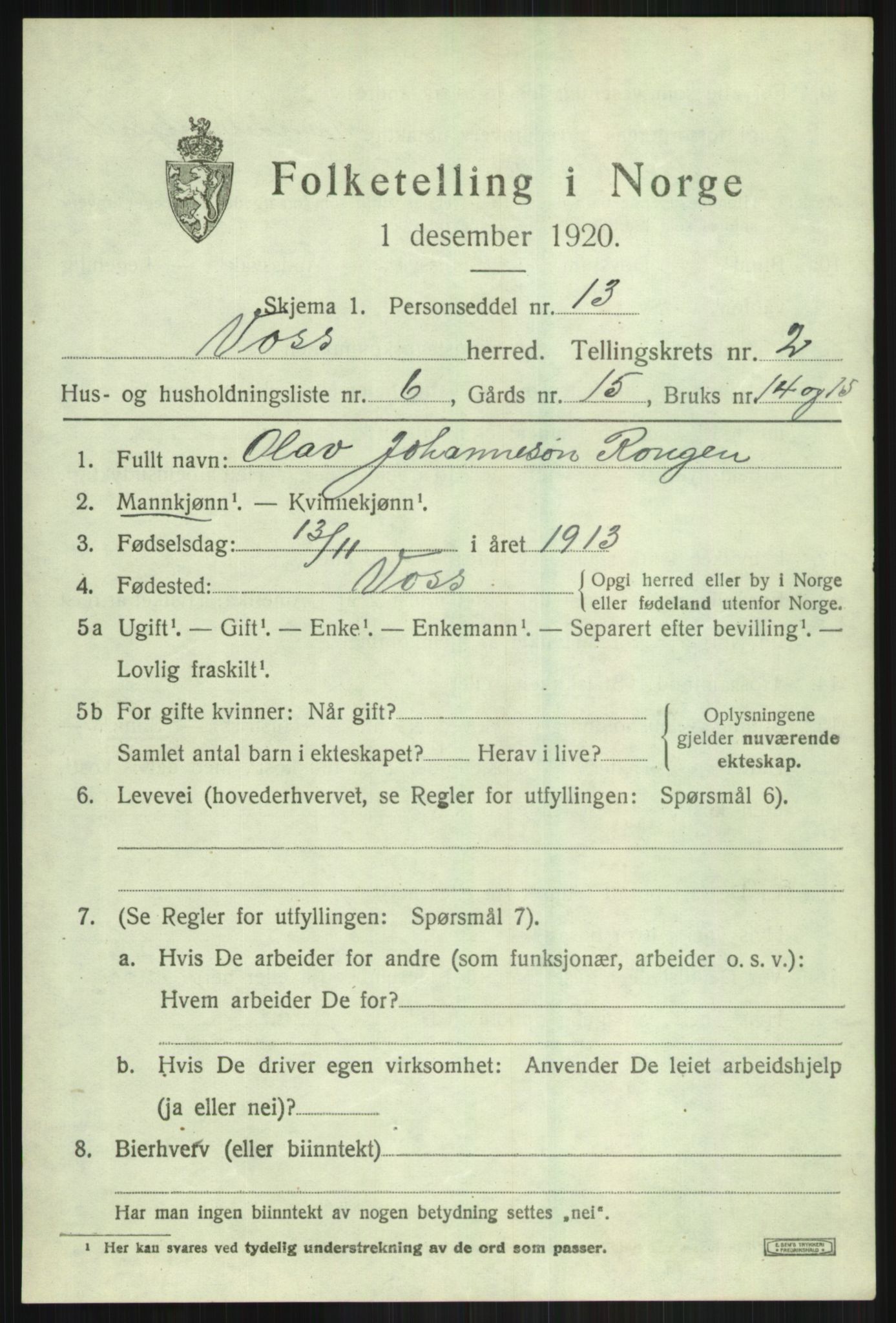SAB, 1920 census for Voss, 1920, p. 3527