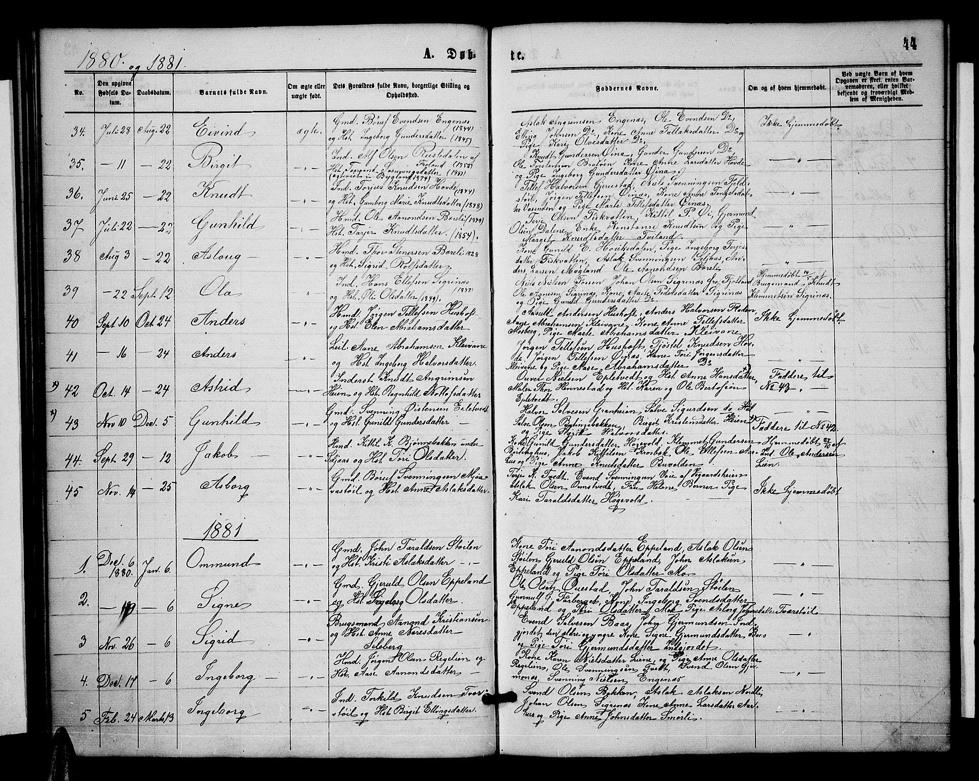 Åmli sokneprestkontor, SAK/1111-0050/F/Fb/Fbc/L0003: Parish register (copy) no. B 3, 1868-1888, p. 44