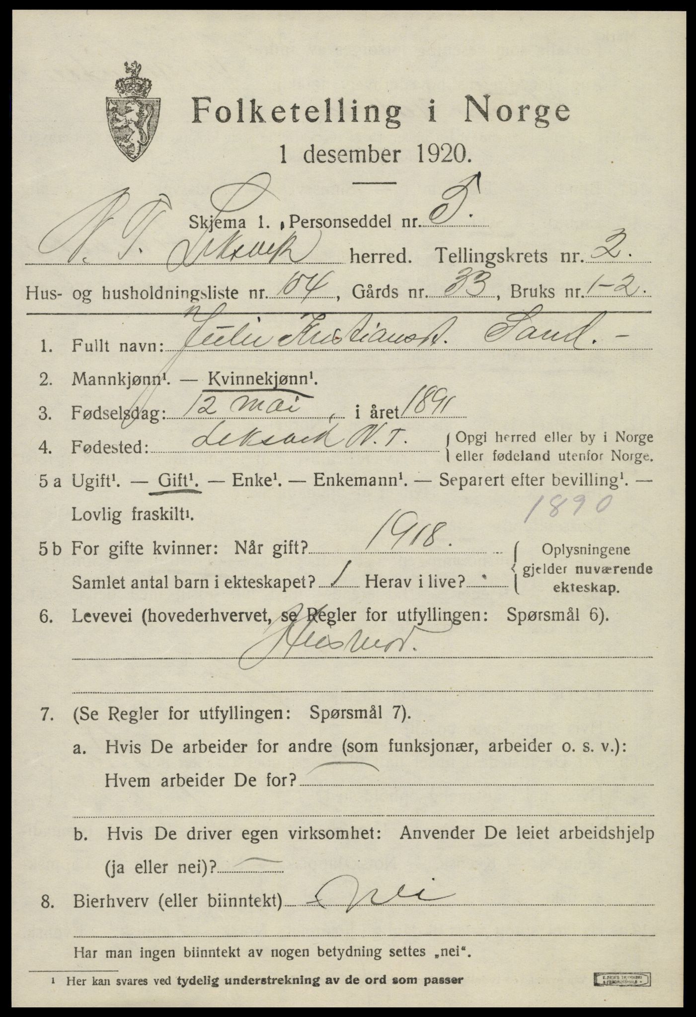 SAT, 1920 census for Leksvik, 1920, p. 2882