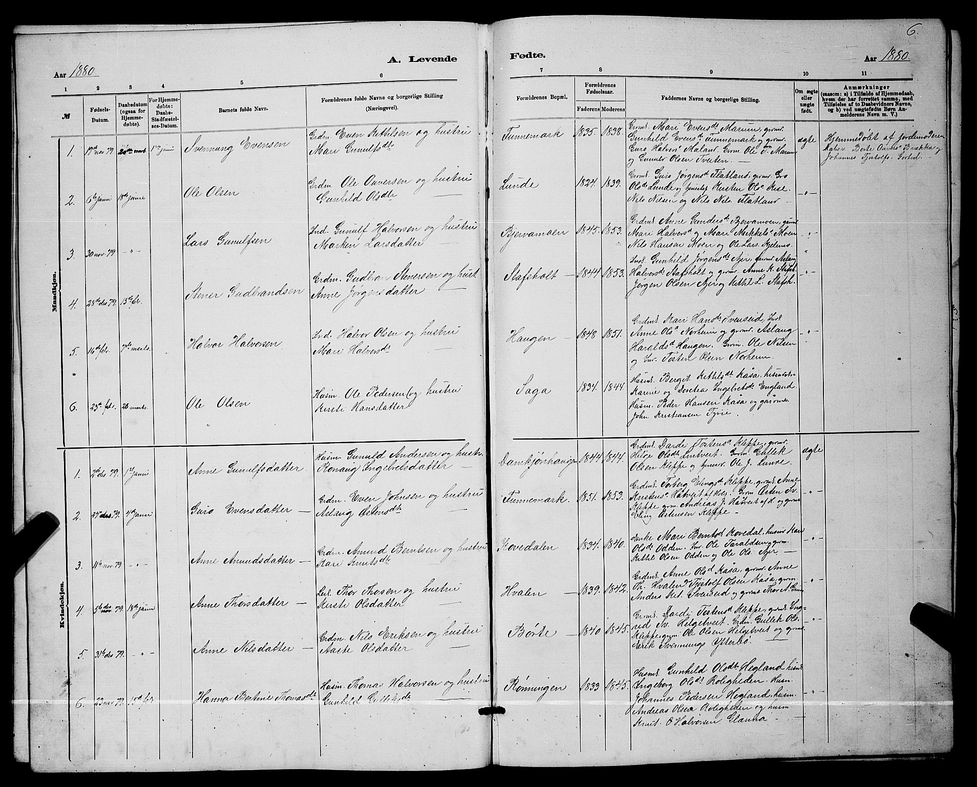 Lunde kirkebøker, AV/SAKO-A-282/G/Ga/L0001b: Parish register (copy) no. I 1, 1879-1887, p. 6