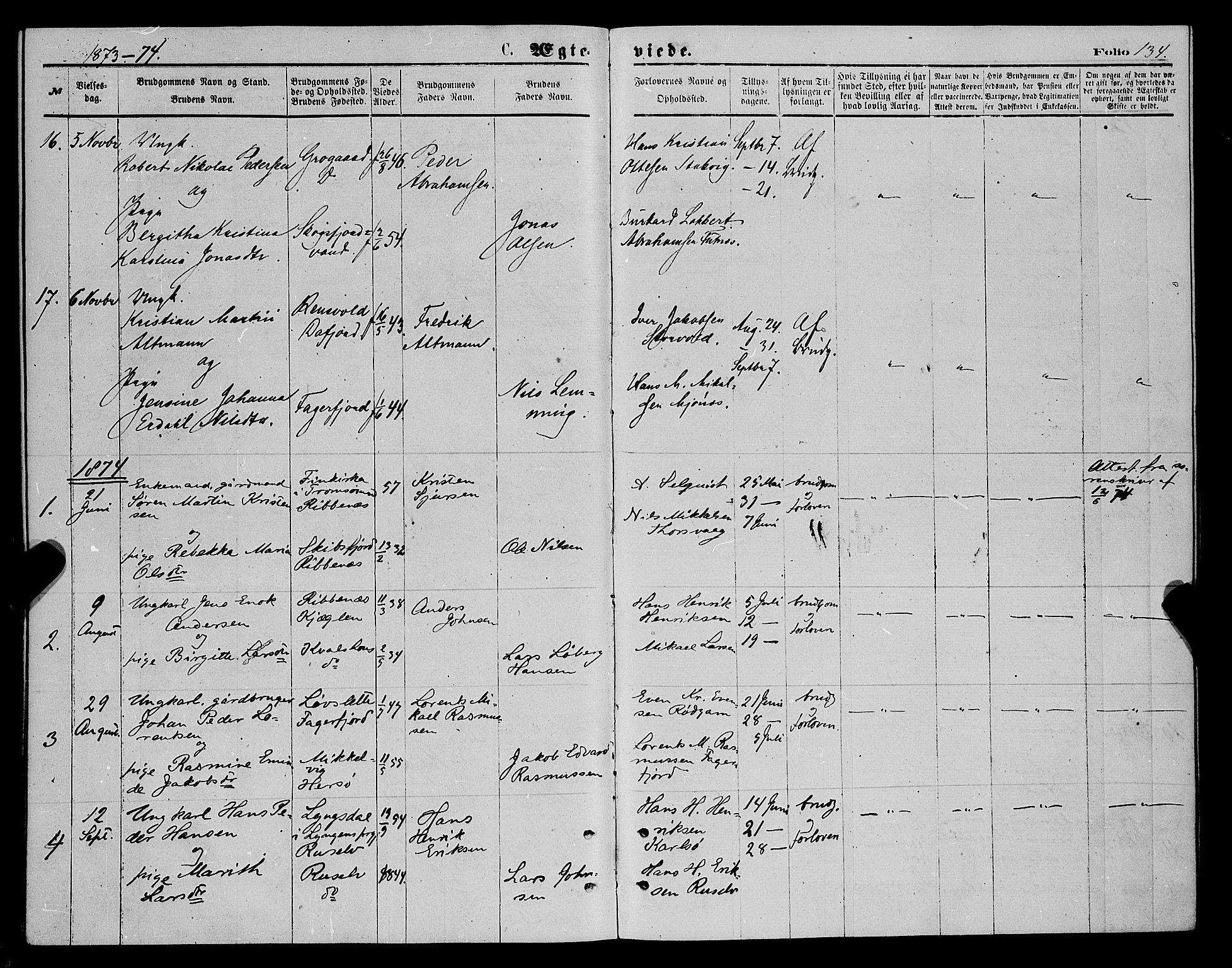 Karlsøy sokneprestembete, SATØ/S-1299/H/Ha/Haa/L0005kirke: Parish register (official) no. 5, 1872-1878, p. 134