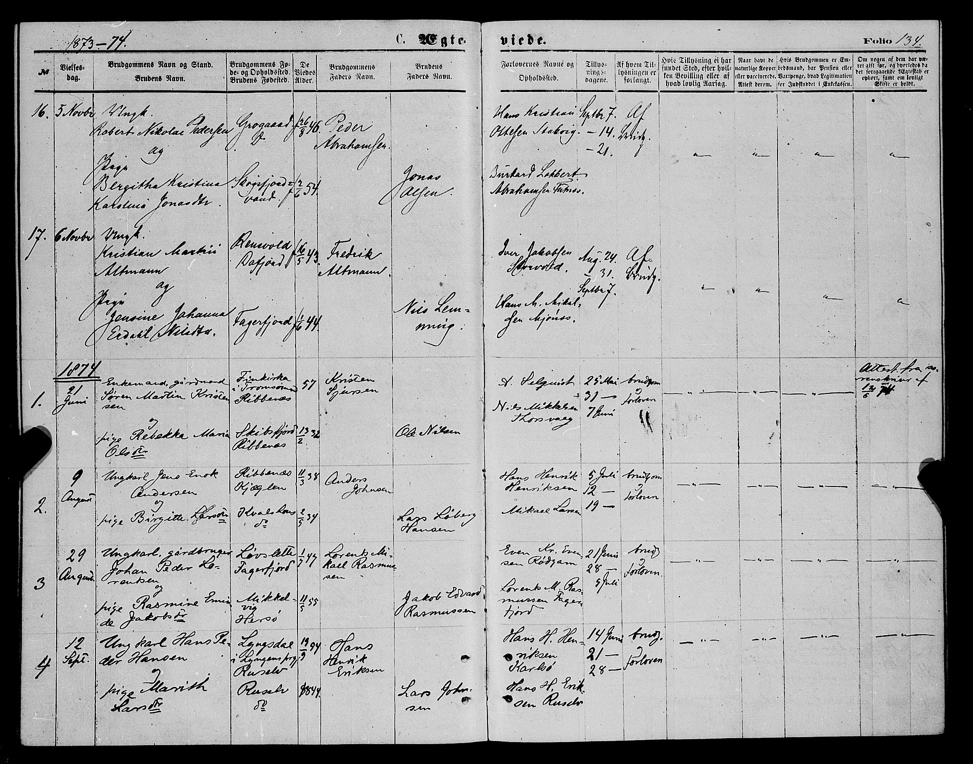 Karlsøy sokneprestembete, AV/SATØ-S-1299/H/Ha/Haa/L0005kirke: Parish register (official) no. 5, 1872-1878, p. 134