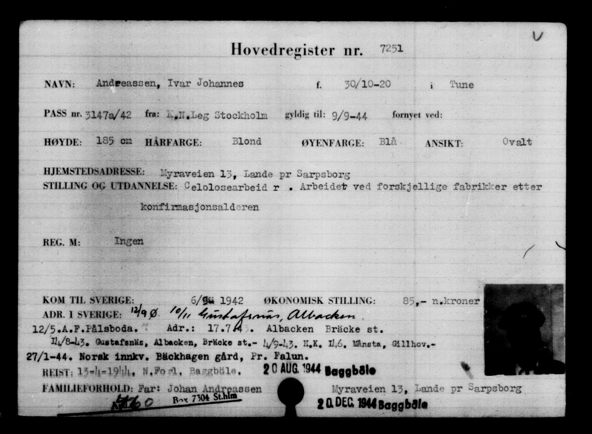 Utenriksstasjonene, Legasjonen i Stockholm, Flyktningkontoret, AV/RA-S-6753/V/Va/L0005: Kjesäterkartoteket, flyktninger med registreringsnr. 6600-9417, 1940-1945, p. 771