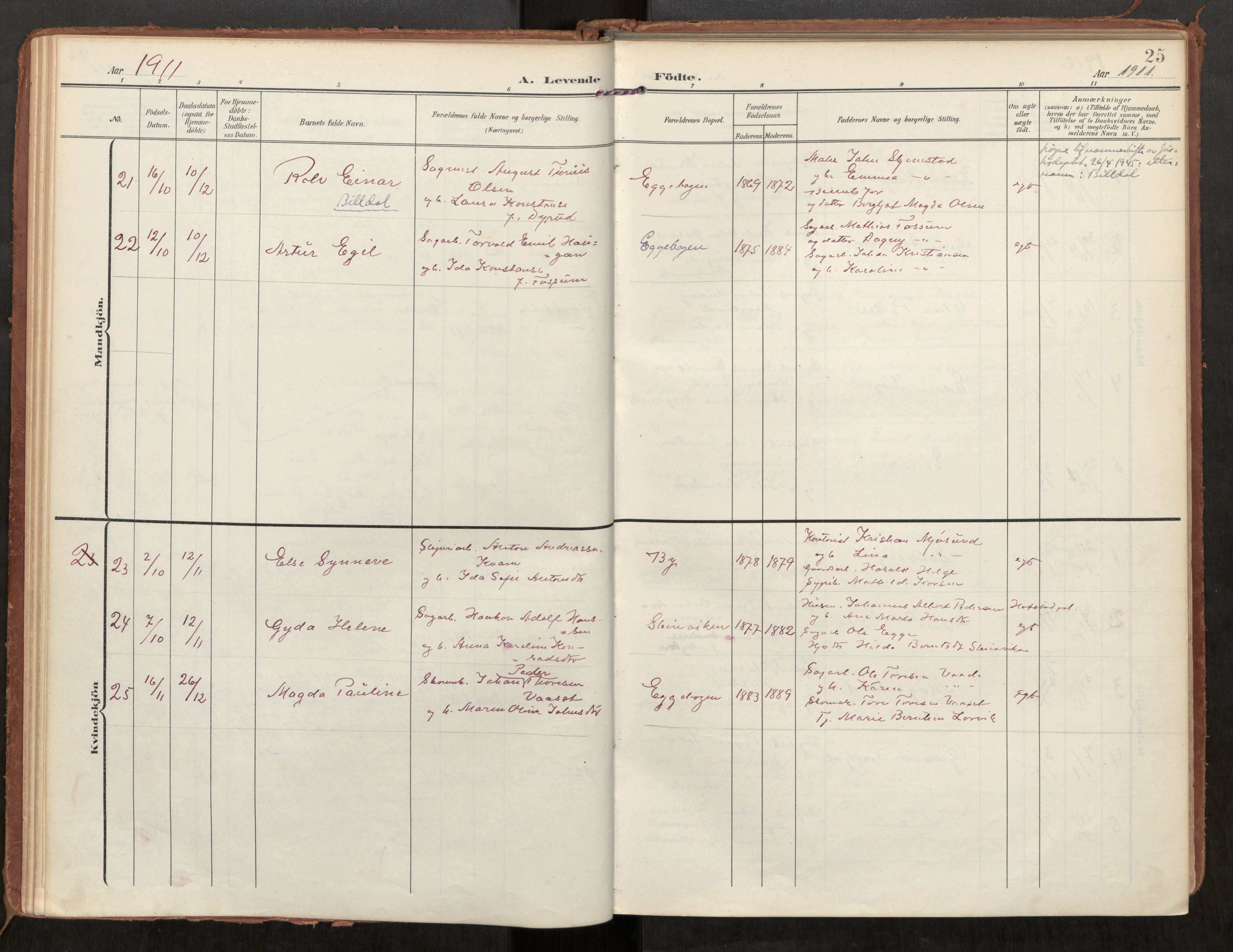 Steinkjer sokneprestkontor, AV/SAT-A-1541/01/H/Ha/Haa/L0002: Parish register (official) no. 2, 1907-1917, p. 25