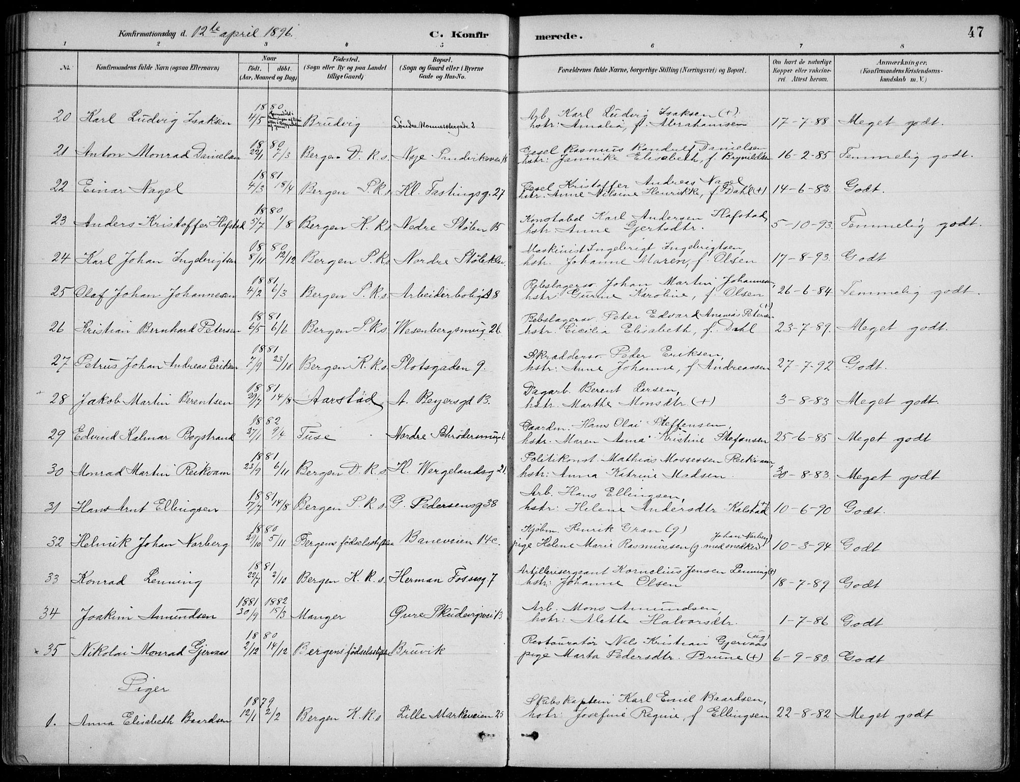 Mariakirken Sokneprestembete, AV/SAB-A-76901/H/Hab/L0008: Parish register (copy) no. A 8, 1889-1908, p. 47