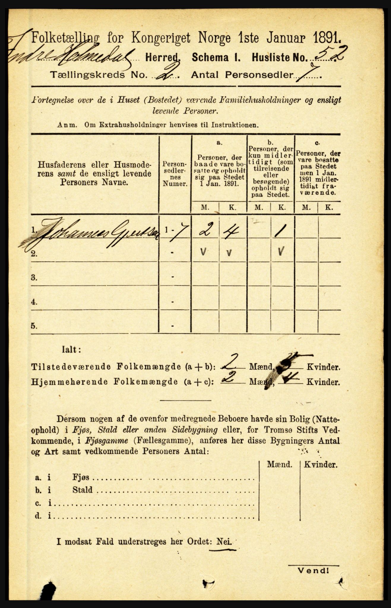 RA, 1891 census for 1430 Indre Holmedal, 1891, p. 453