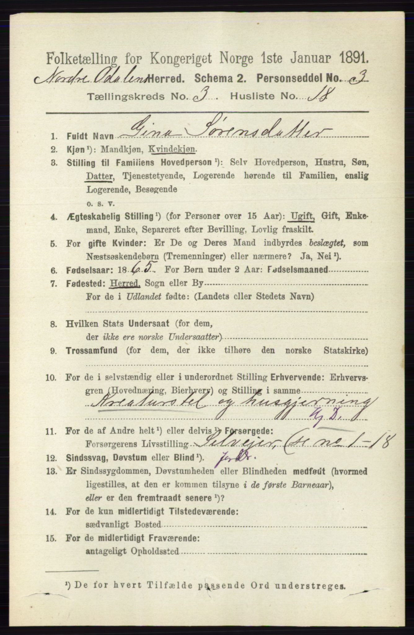 RA, 1891 census for 0418 Nord-Odal, 1891, p. 929