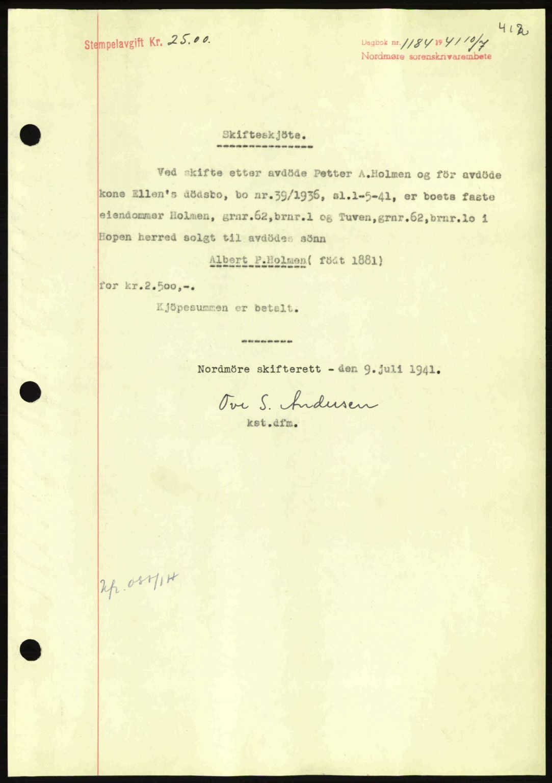 Nordmøre sorenskriveri, SAT/A-4132/1/2/2Ca: Mortgage book no. A90, 1941-1941, Diary no: : 1184/1941