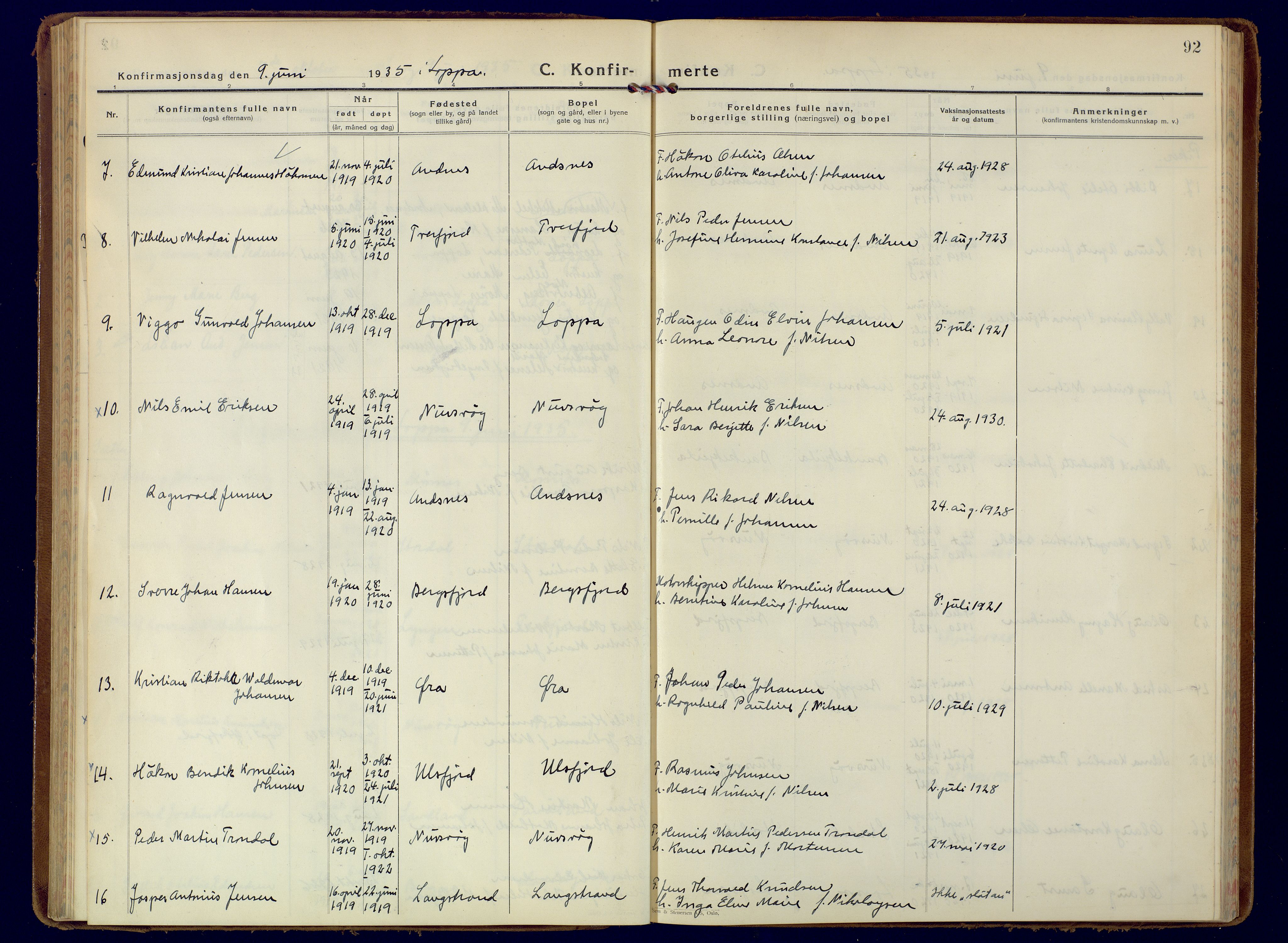 Loppa sokneprestkontor, AV/SATØ-S-1339/H/Ha/L0014kirke: Parish register (official) no. 14, 1933-1942, p. 92