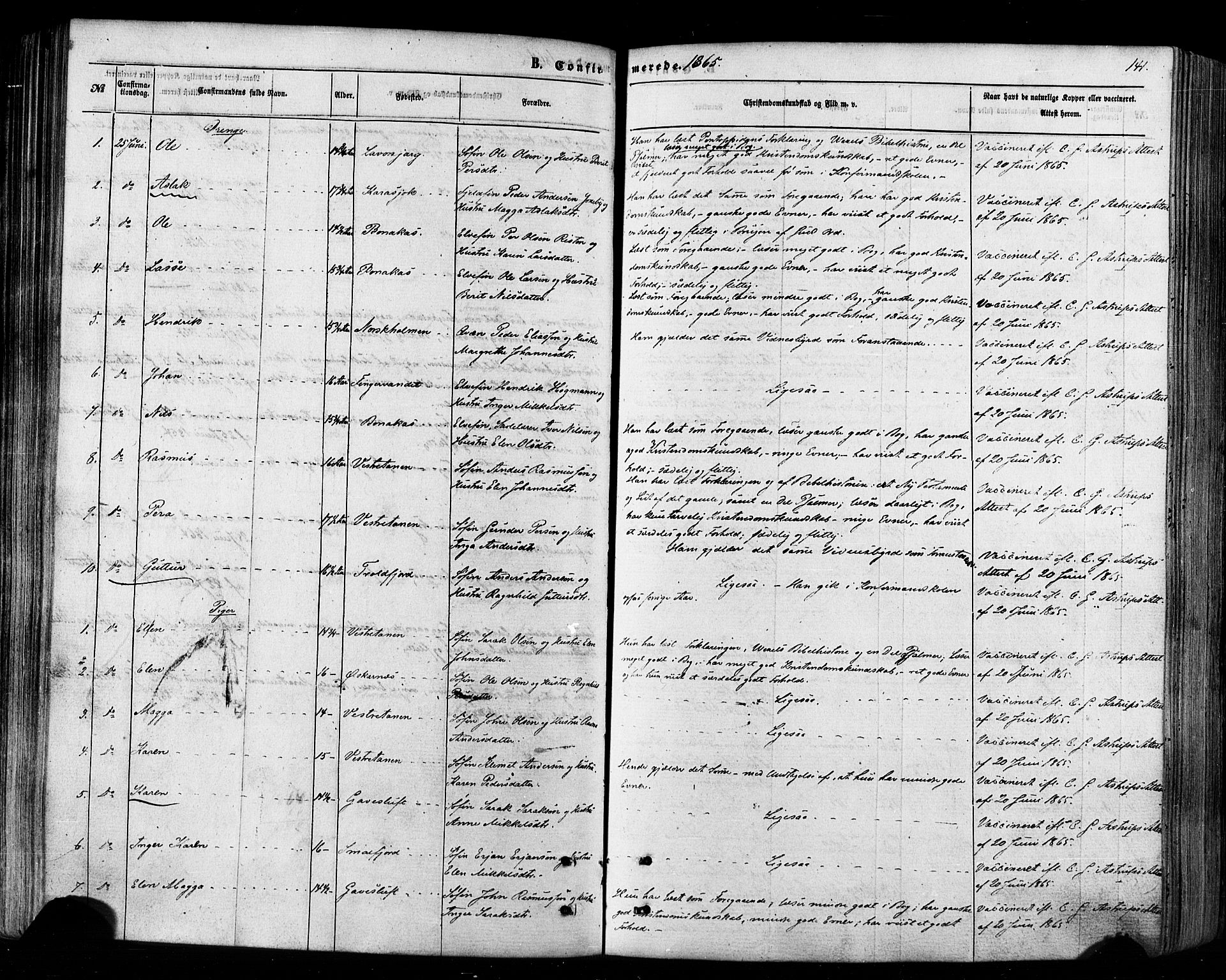 Tana sokneprestkontor, SATØ/S-1334/H/Ha/L0002kirke: Parish register (official) no. 2 /1, 1861-1877, p. 141