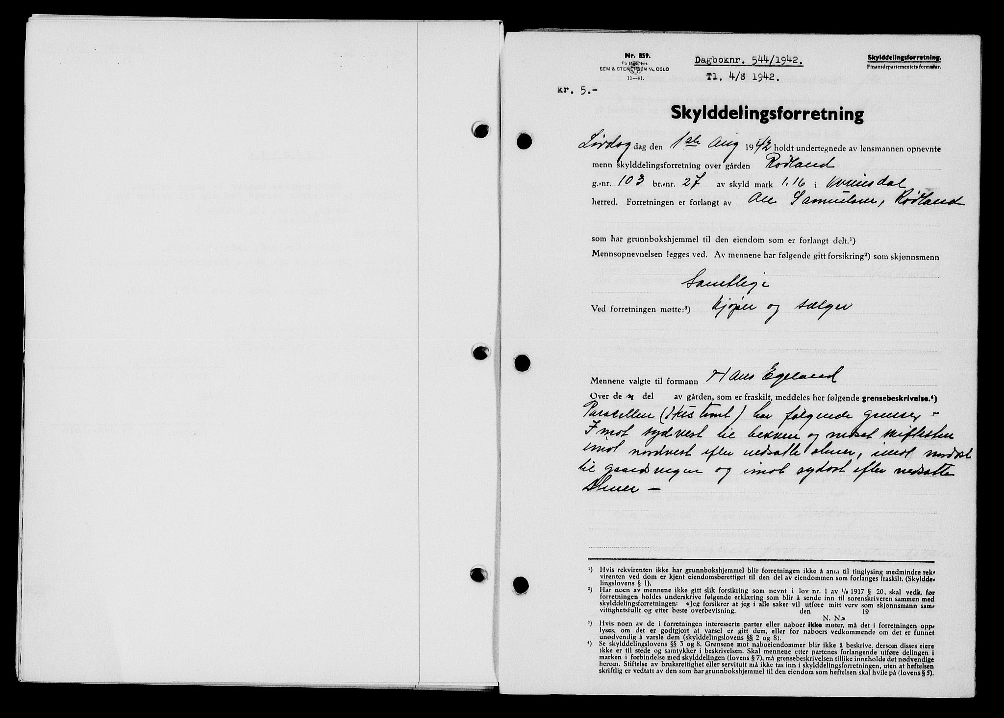 Flekkefjord sorenskriveri, SAK/1221-0001/G/Gb/Gba/L0057: Mortgage book no. A-5, 1941-1942, Diary no: : 544/1942