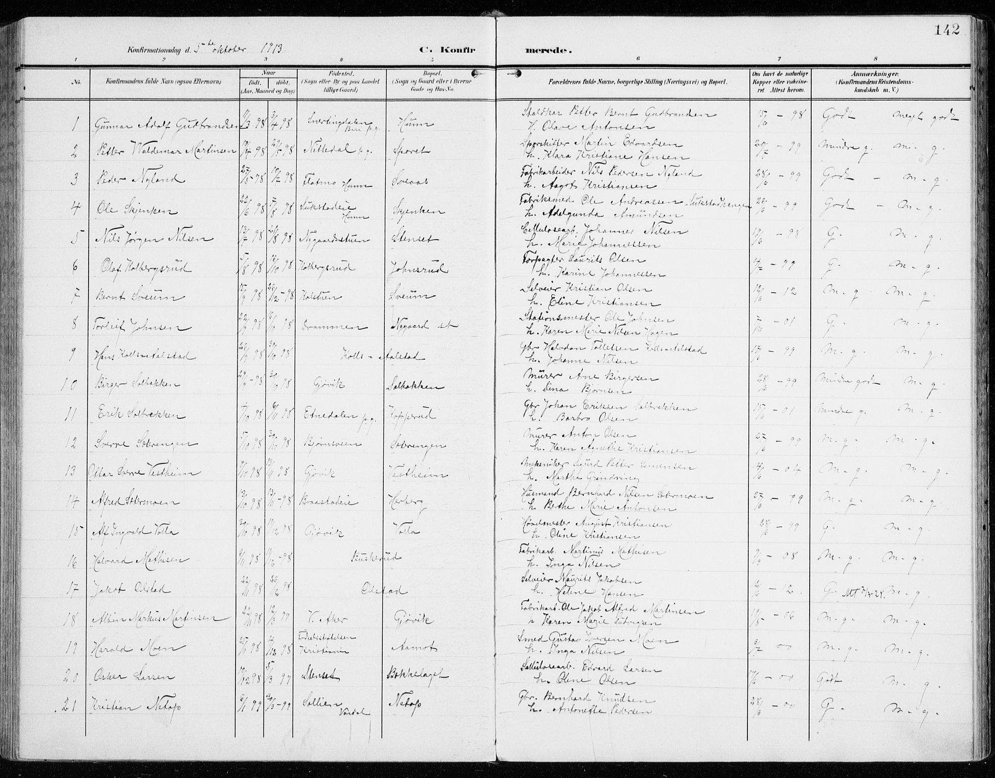 Vardal prestekontor, SAH/PREST-100/H/Ha/Haa/L0016: Parish register (official) no. 16, 1904-1916, p. 142