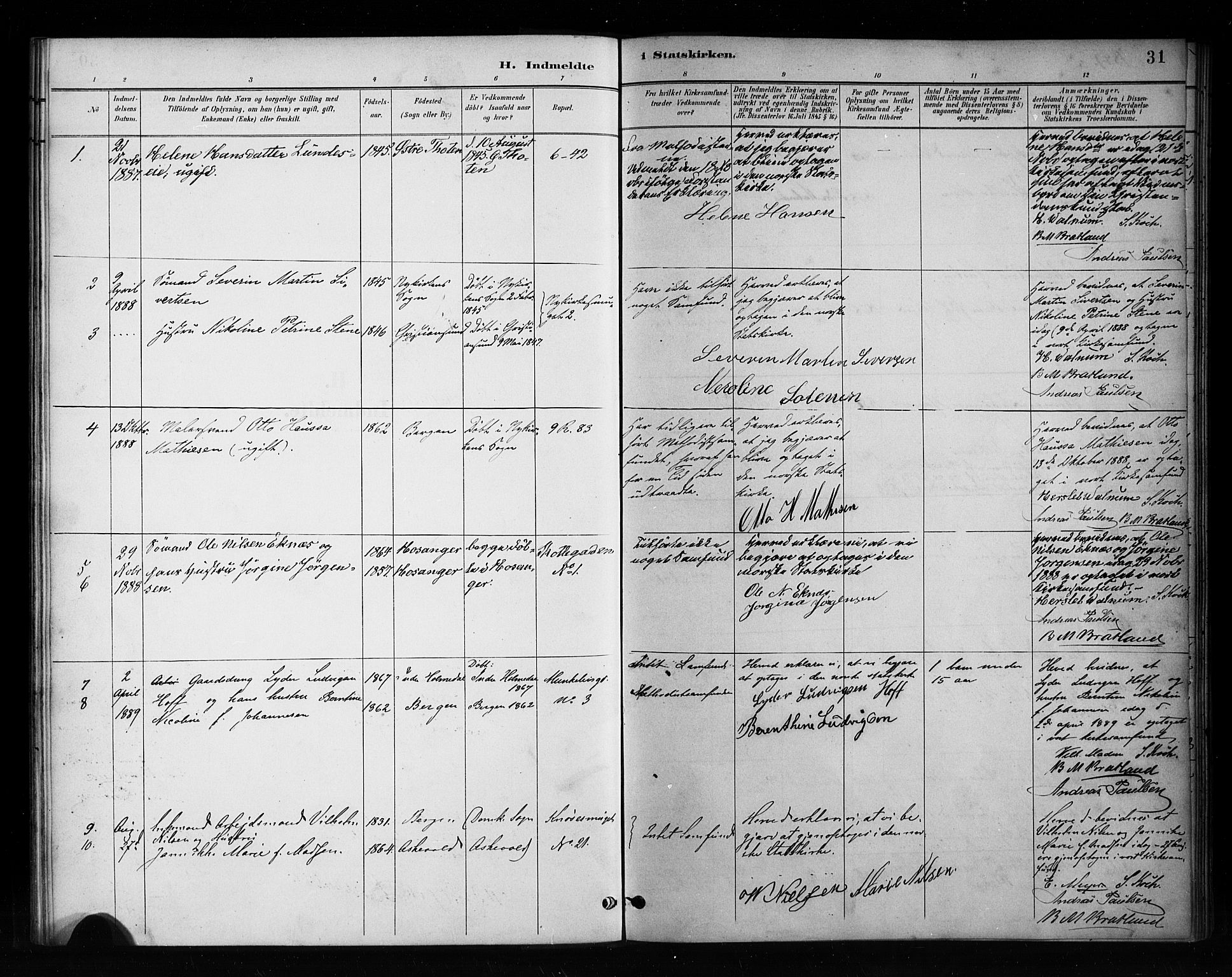 Nykirken Sokneprestembete, SAB/A-77101/H/Haa/L0053: Parish register (official) no. H 2, 1887-1897, p. 31