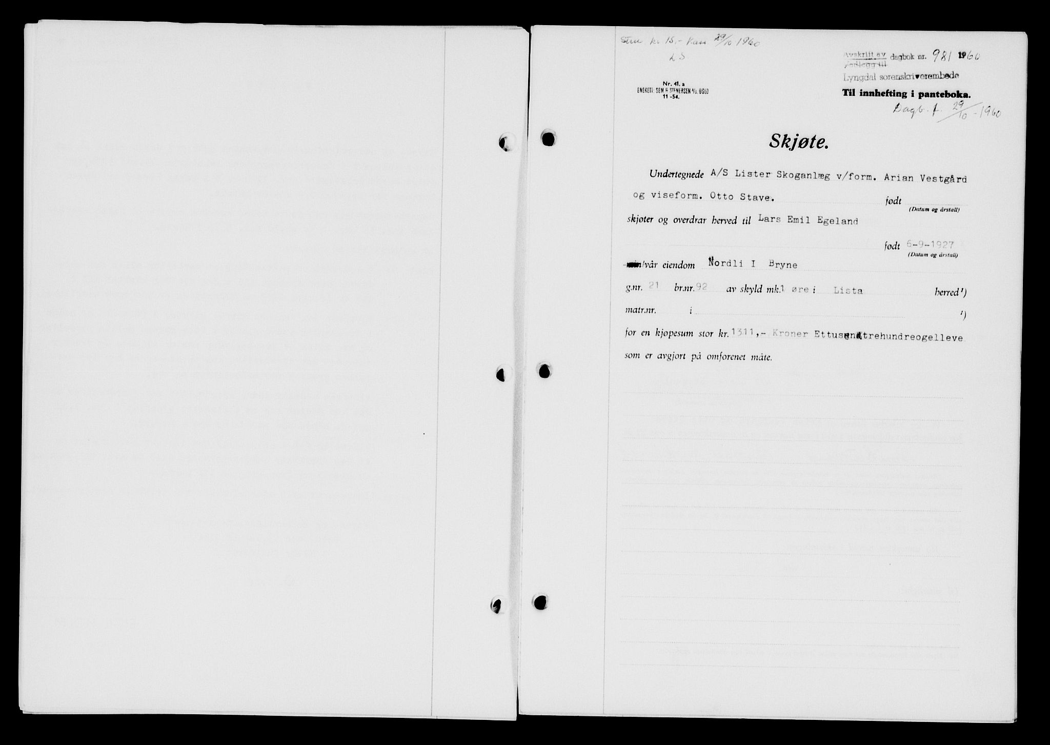 Lyngdal sorenskriveri, AV/SAK-1221-0004/G/Gb/L0680: Mortgage book no. A XXVI, 1960-1960, Diary no: : 981/1960