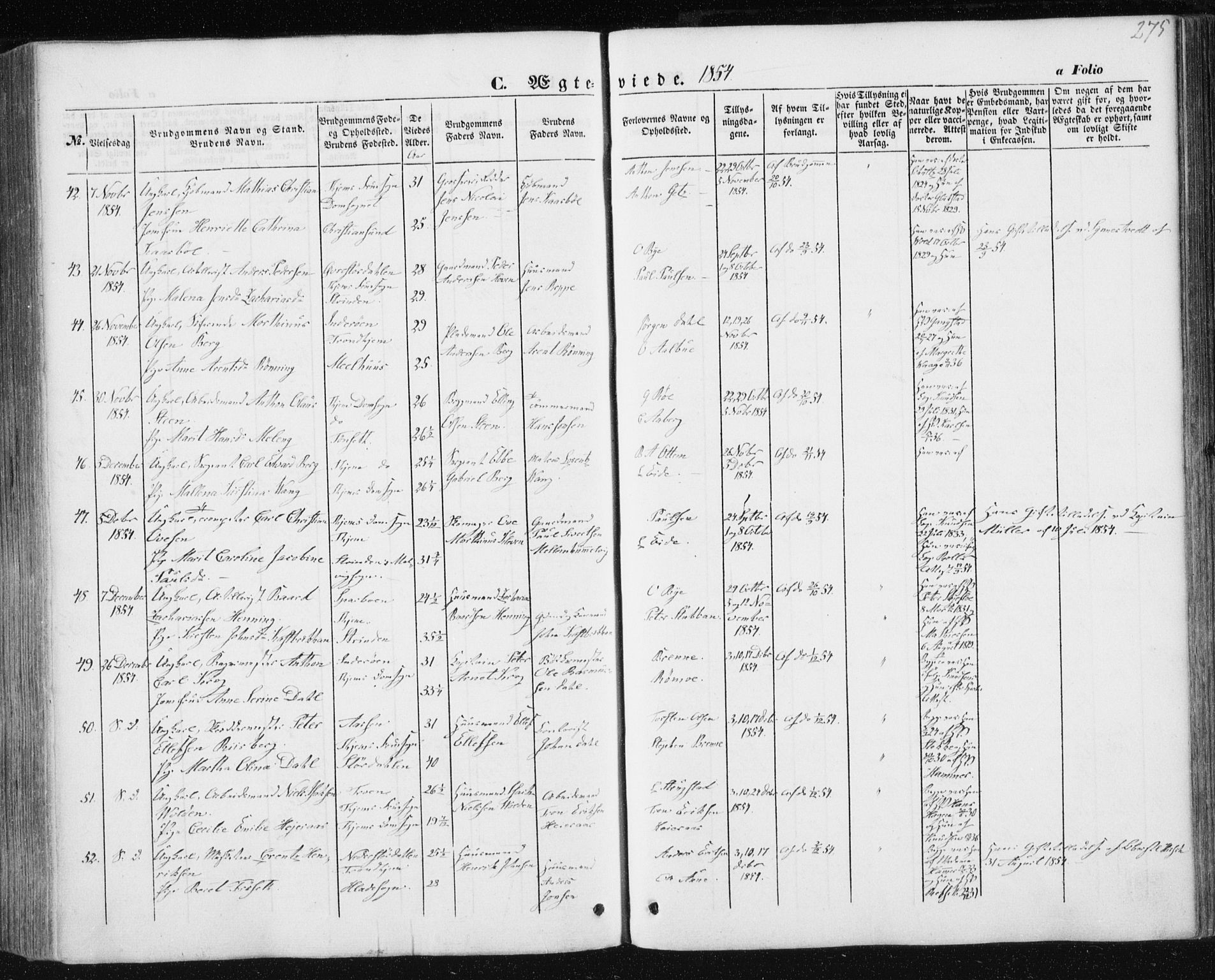 Ministerialprotokoller, klokkerbøker og fødselsregistre - Sør-Trøndelag, SAT/A-1456/602/L0112: Parish register (official) no. 602A10, 1848-1859, p. 275