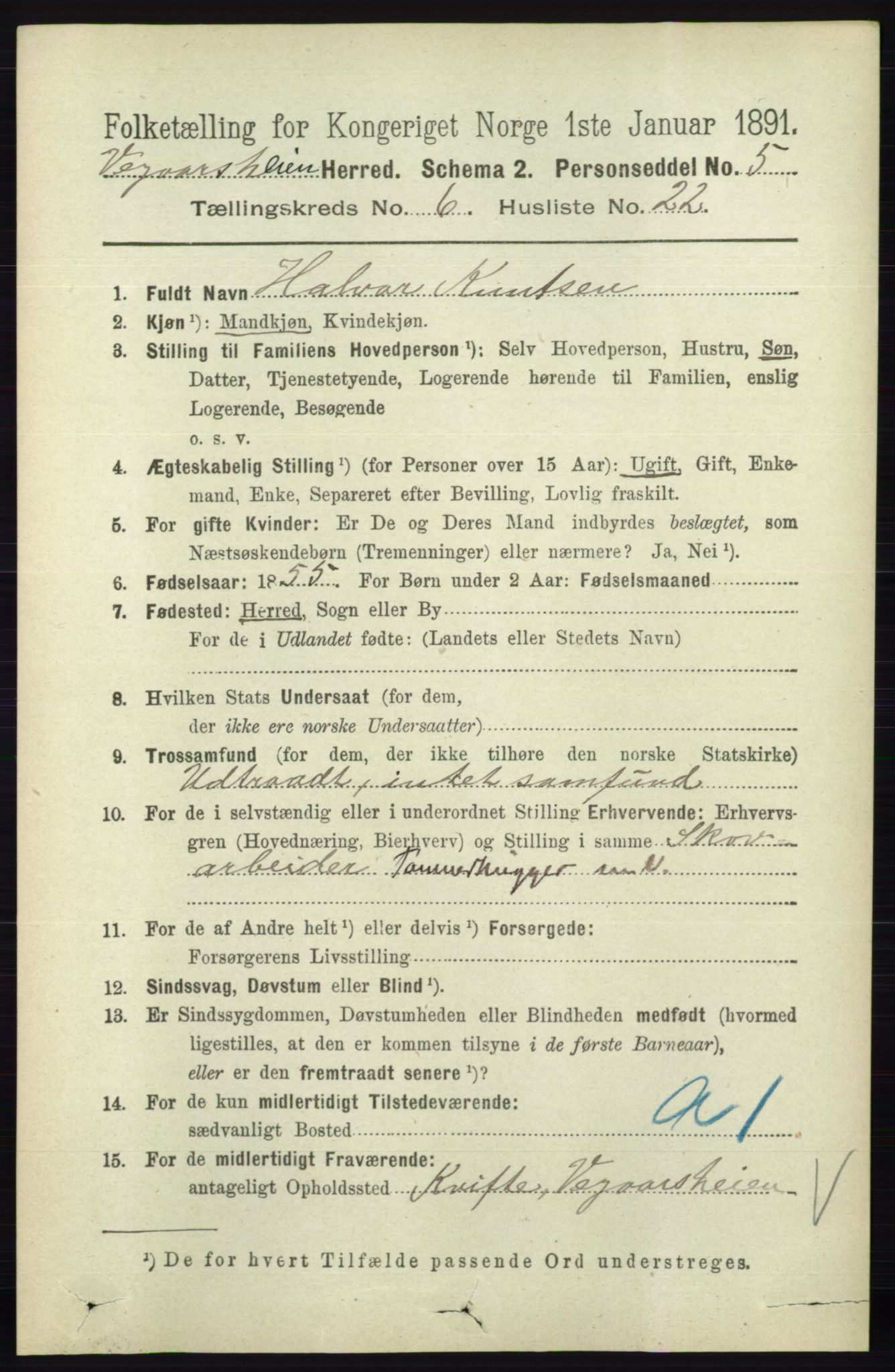 RA, 1891 census for 0912 Vegårshei, 1891, p. 1301