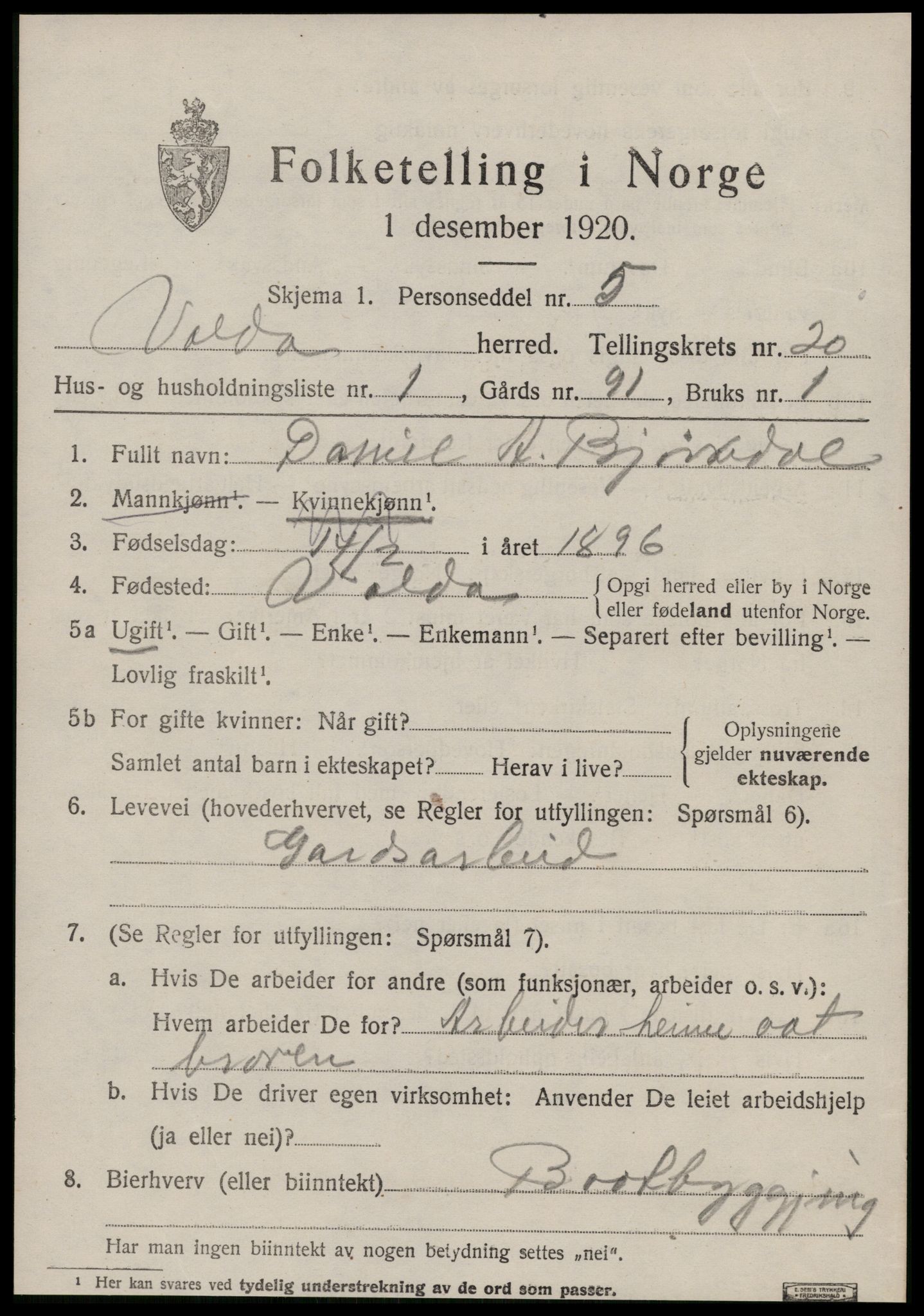 SAT, 1920 census for Volda, 1920, p. 10518