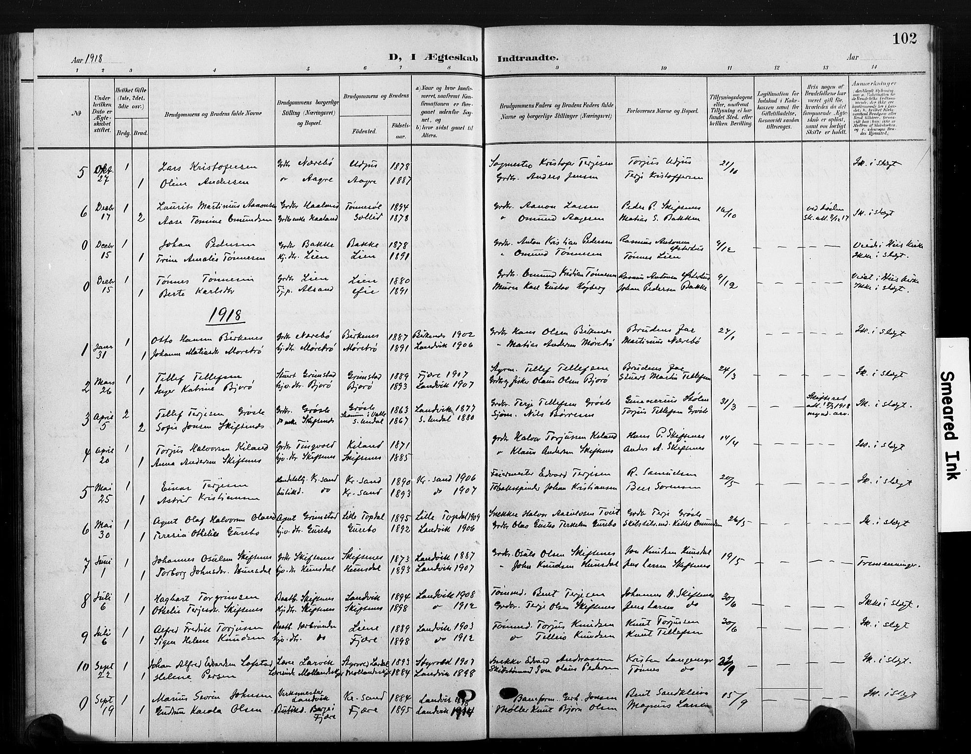 Hommedal sokneprestkontor, AV/SAK-1111-0023/F/Fb/Fbb/L0008: Parish register (copy) no. B 8, 1905-1929, p. 102