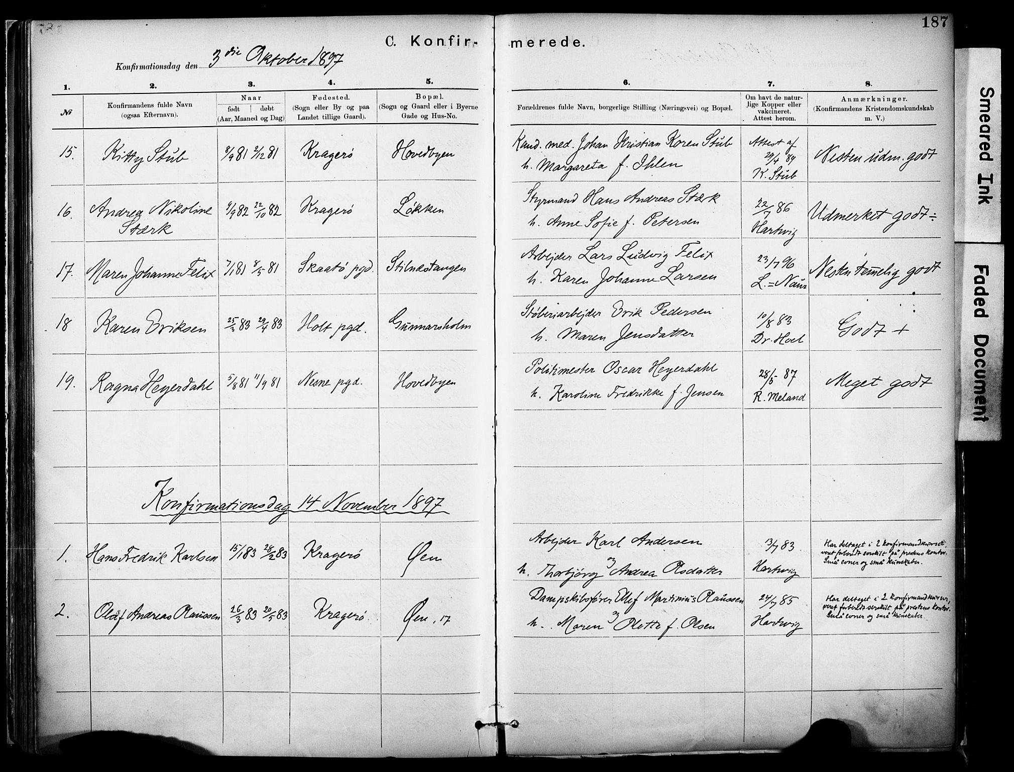 Kragerø kirkebøker, SAKO/A-278/F/Fa/L0012: Parish register (official) no. 12, 1880-1904, p. 187