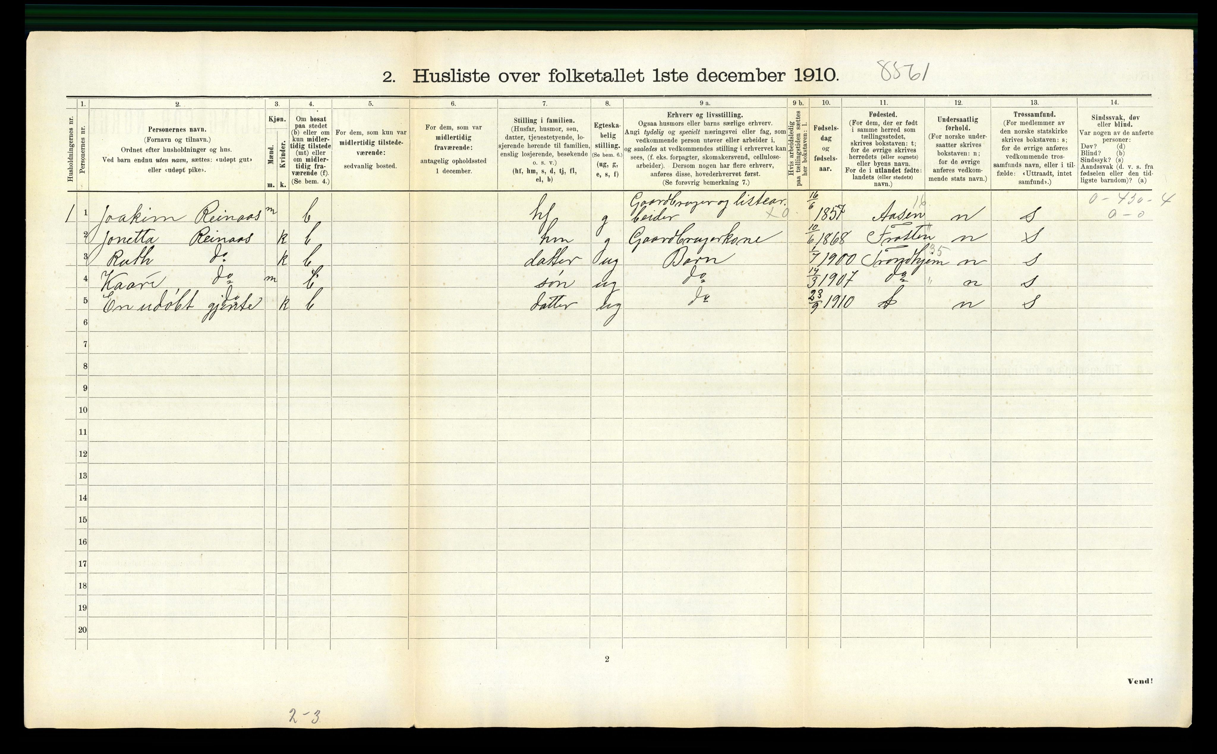 RA, 1910 census for Levanger, 1910, p. 251