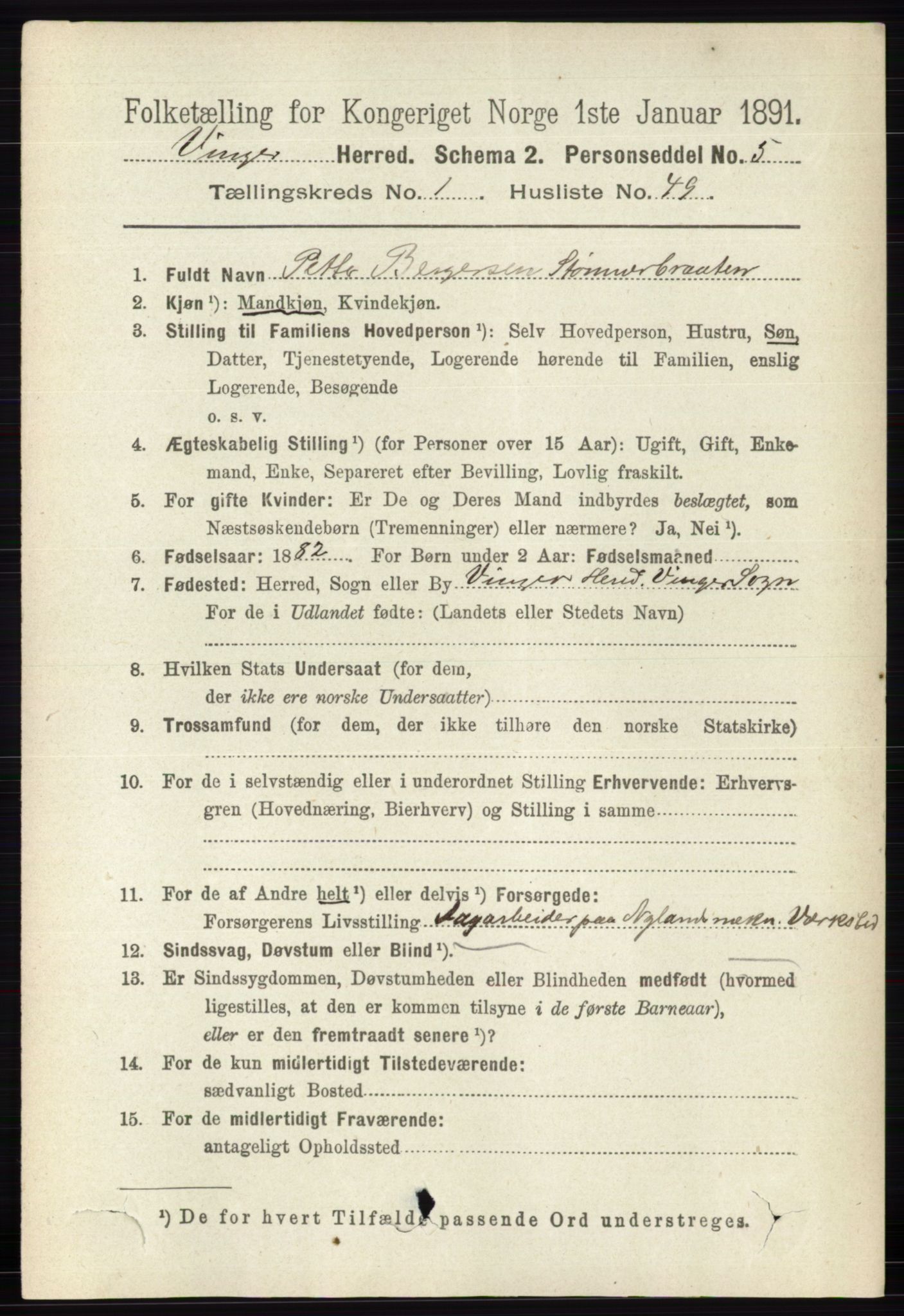 RA, 1891 census for 0421 Vinger, 1891, p. 391