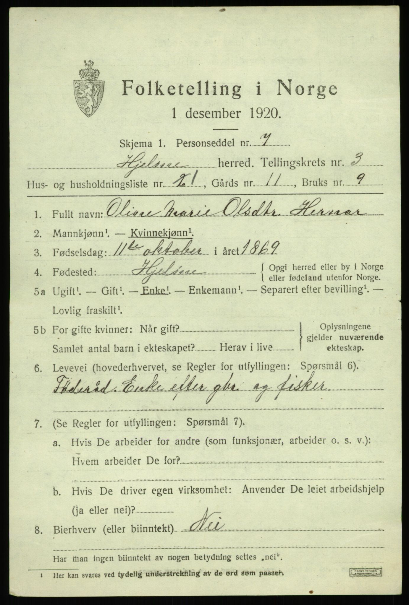 SAB, 1920 census for Hjelme, 1920, p. 1946