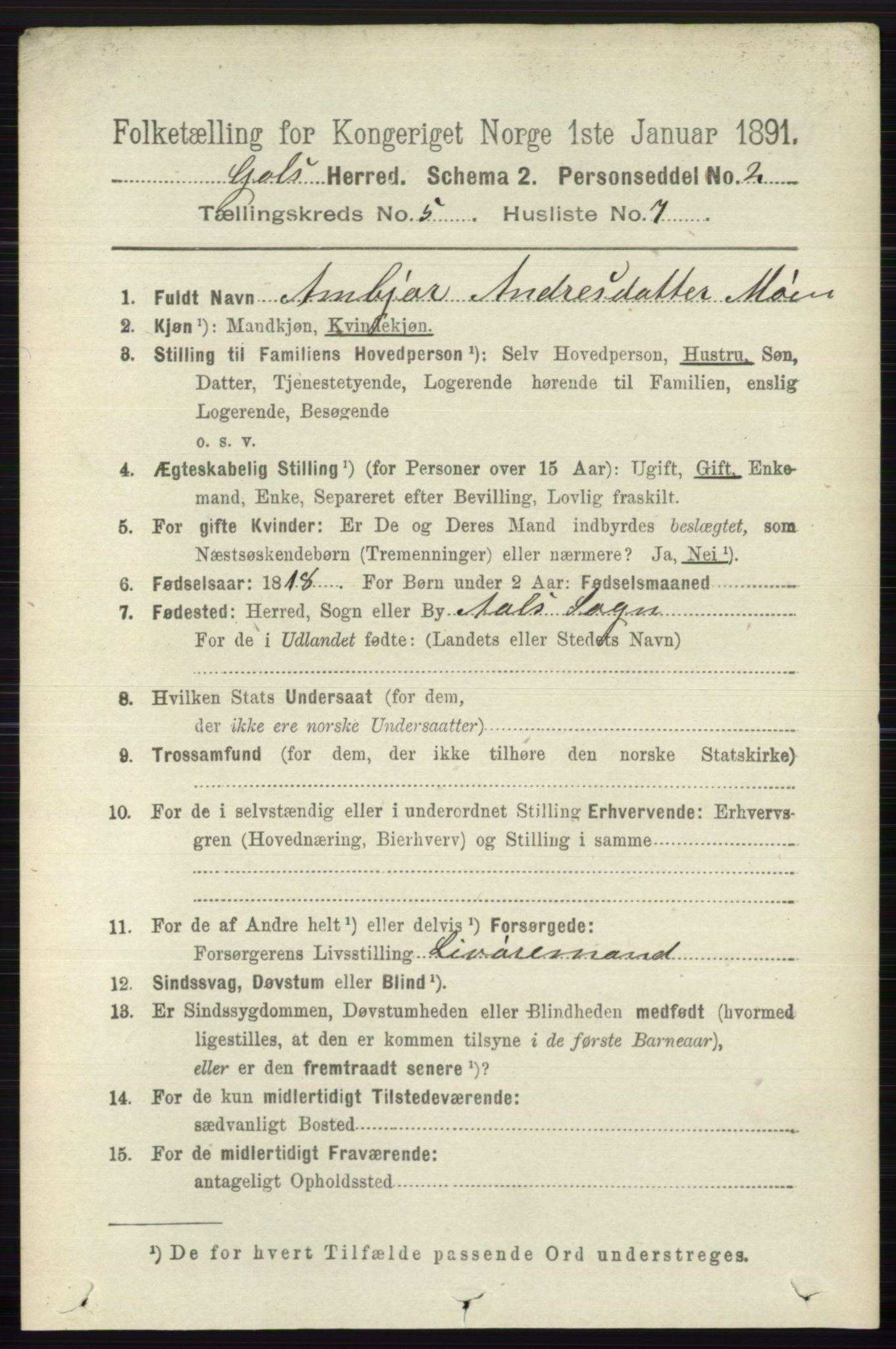 RA, 1891 census for 0617 Gol og Hemsedal, 1891, p. 2343