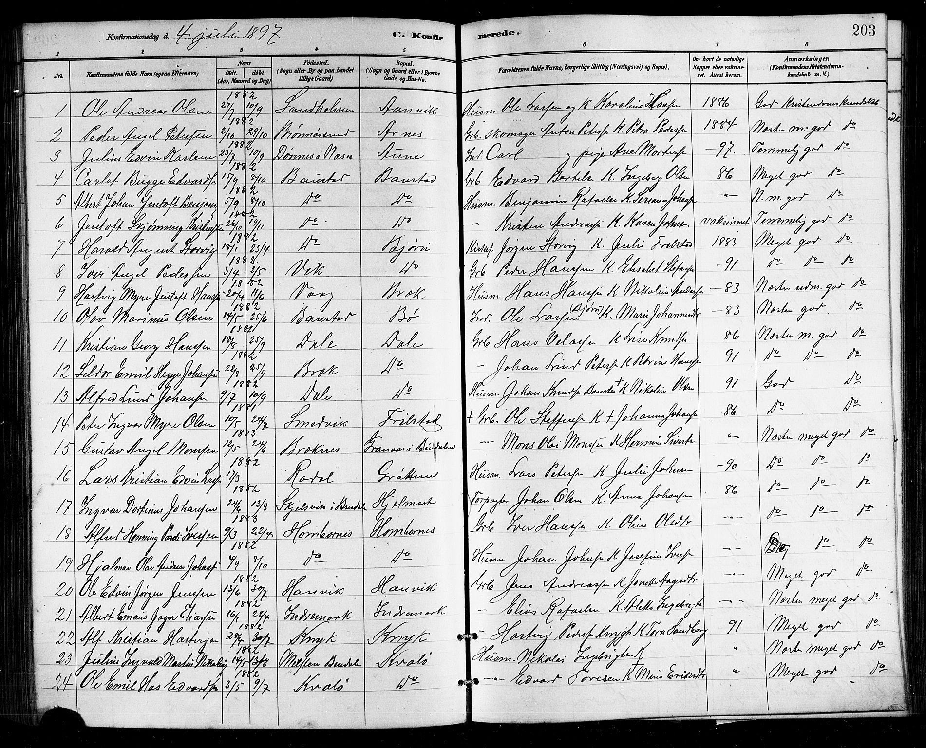 Ministerialprotokoller, klokkerbøker og fødselsregistre - Nordland, SAT/A-1459/812/L0188: Parish register (copy) no. 812C06, 1884-1912, p. 203