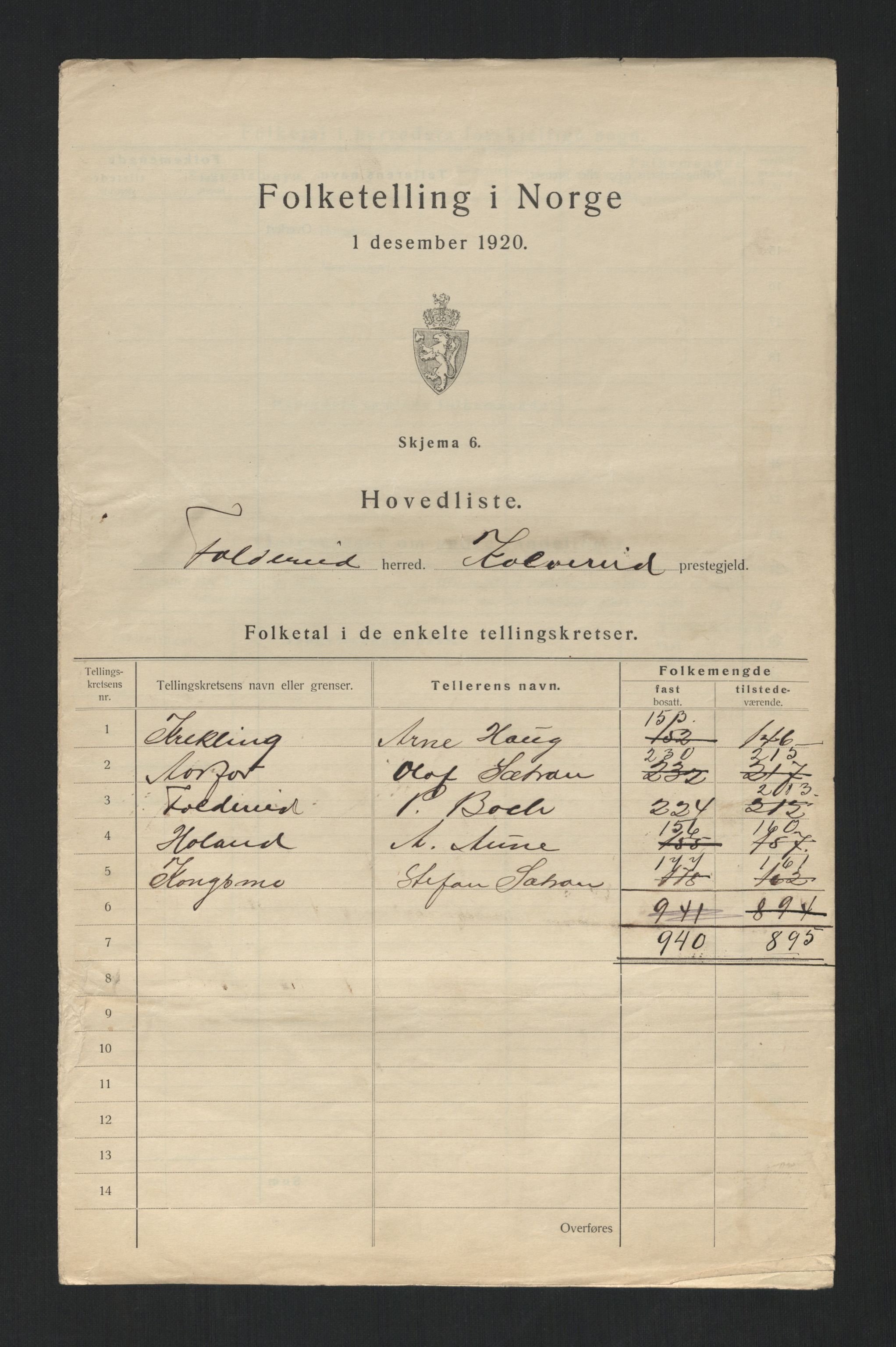 SAT, 1920 census for Foldereid, 1920, p. 4