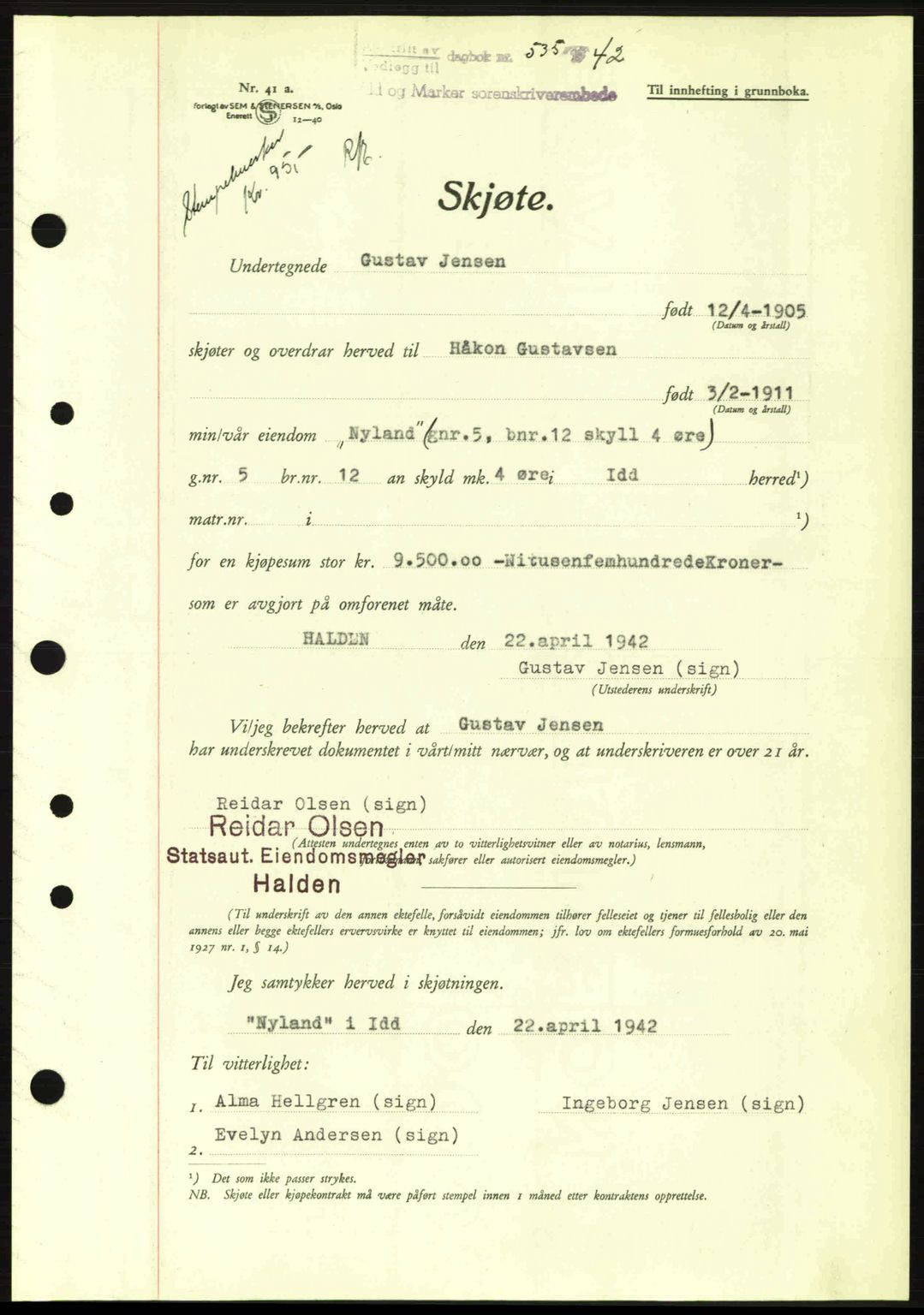 Idd og Marker sorenskriveri, AV/SAO-A-10283/G/Gb/Gbb/L0005: Mortgage book no. A5, 1941-1943, Diary no: : 535/1942