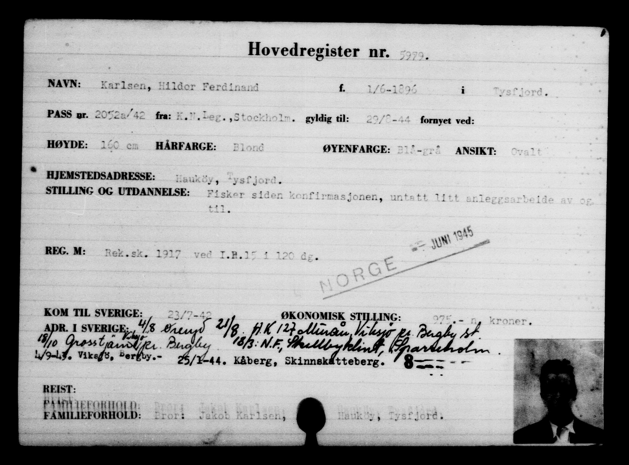 Utenriksstasjonene, Legasjonen i Stockholm, Flyktningkontoret, AV/RA-S-6753/V/Va/L0004: Kjesäterkartoteket, flyktninger med registreringsnr. 3496-6610, 1940-1945, p. 2901