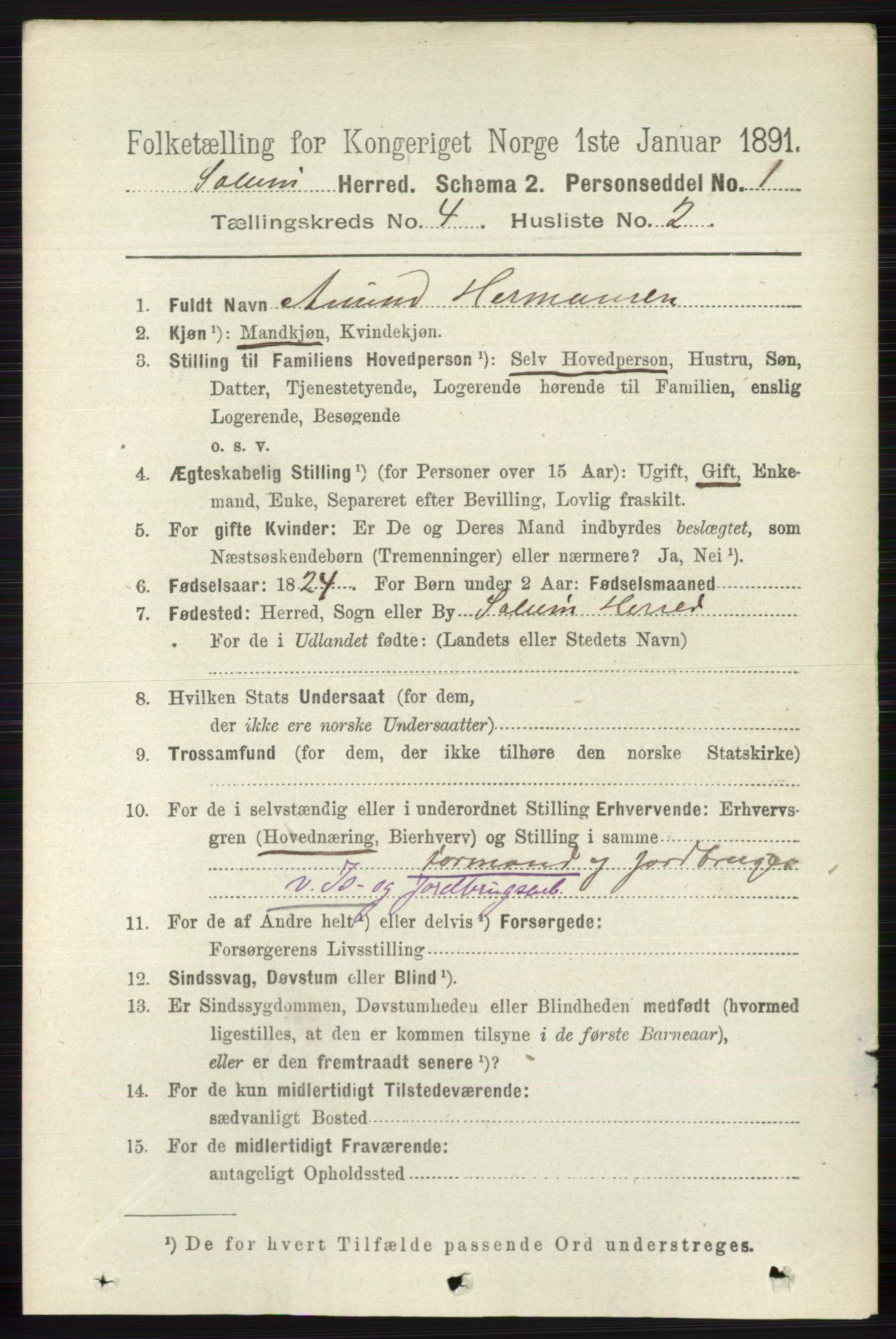 RA, 1891 census for 0818 Solum, 1891, p. 626